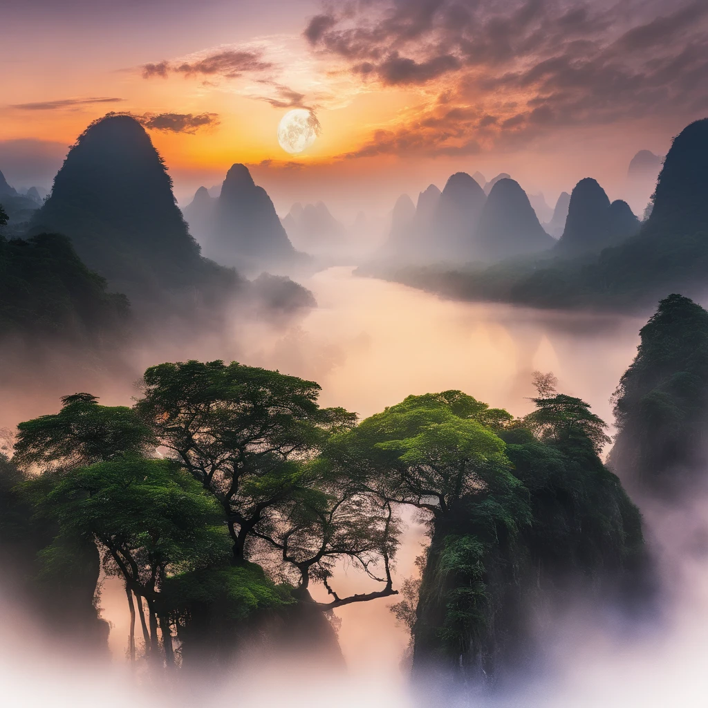 A view of a mountain range with trees and fog in the foreground - SeaArt AI