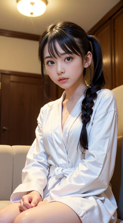 (masutepiece, Best Quality:1.4), Beautiful face, 8K, 85 mm, absurderes, ((Dark bedroom in the hotel))、(Wearing a thick white bathrobe:1.4), ((cowboy  shot:1.5))、((Shot from below:1.4))、((udder of medium size:1.4))、violaceaess, gardeniass, Delicate girl, Solo,(((Twin-tailed:1.5)))、((sitting in the couch:1.4))、((Drink juice:1.4))、Night, Looking at Viewer, Upper body, Film grain, chromatic abberation, Sharp Focus, face lights, Professional Lighting, Sophisticated, (he looked at me with a confused expression:1.4), (Simple background, Bokeh background:1.2), Detail Face、