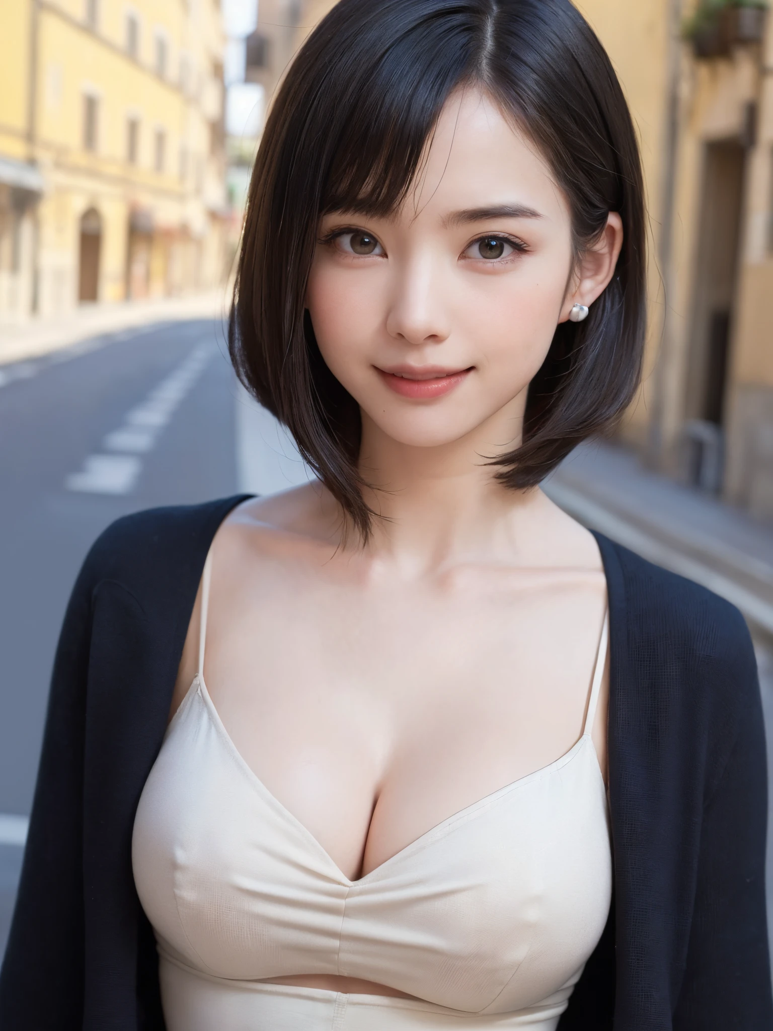 (masutepiece, top-quality、The ultra -The high-definition、Very attractive adult beauty、Add intense highlights to the eyes、Look firmly at the camera:1.4、Absolutely beautiful bangs:1.4、Brunette short bob hair with bangs:1.4),1girl in, 独奏, A dark-haired, scarf, Hats,, realisitic, looking at the viewers, black eyes of light color, shorth hair, coat, Winter clothes, White headscarf, s lips, lipgloss，bangss, The upper part of the body、big eye、Lashes)、((Road system in Italy、Hyperreal Stick:1.4))、((Shorthair with bangs:1.4、Beautiful bangs with 46 points:1.4、{Gigantic|Big|Huge|Mega} ???????, cleavage、big eye、Put very strong highlights in your students、very Bigger ???????、gazing at viewer、Very beautiful beauty、Put your ears out、long neck、little smiling、Beautiful teeth、Open your mouth and smile))、28 year old、Very cute supermodel