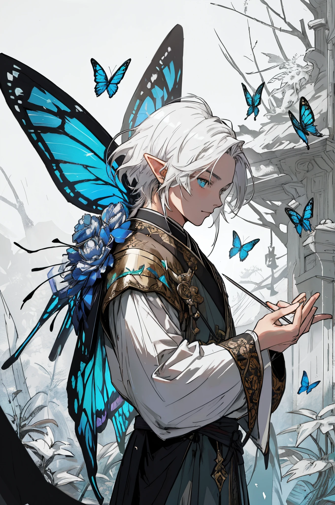 beste-Qualit, tmasterpiece, extra high resolution, Detailed background, realisti, 独奏, ember, humanoid, needles in hands , needles in hands, small needles in different hands, black wing and white wing, 2 samurai swords, faeries look like Little Elves with Insect Wings, Flying on the wings of a butterfly, butterfly wings, in full height, Flies, faery, Little, Flies, Medieval Pathfinder Outfit, a lot of needles , needles on hands, a lot of needles, Pathfinder's Outfit ,Butterfly wings grow out of the back, chaotic–neutral, Male gender, Horror \(subject\),ダークファンタジー, Good Guy , Depth of field.
