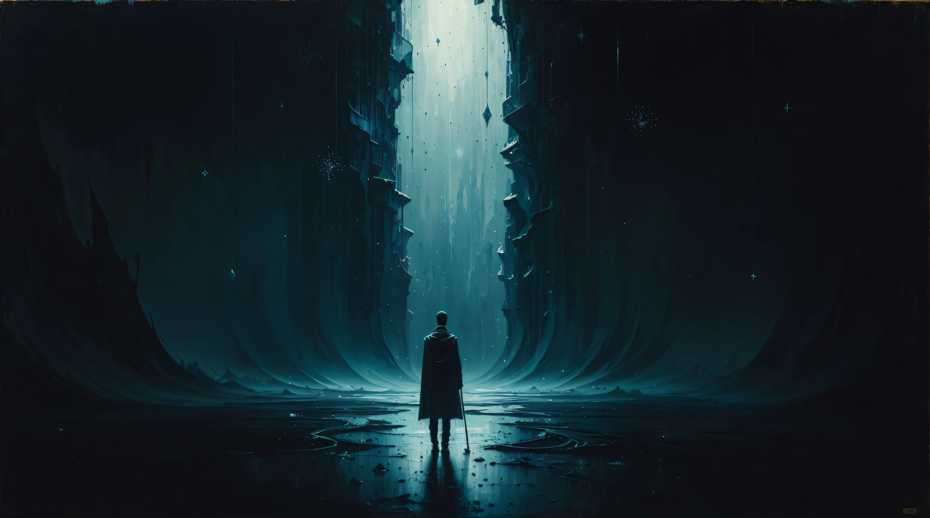 ((masterpiece)), (best quality), official art, abstract representation of impostor syndrome, dark, lonely, beautiful, somber, Oil painting style, representing loneliness, dust particles, sparkle, breathtaking,