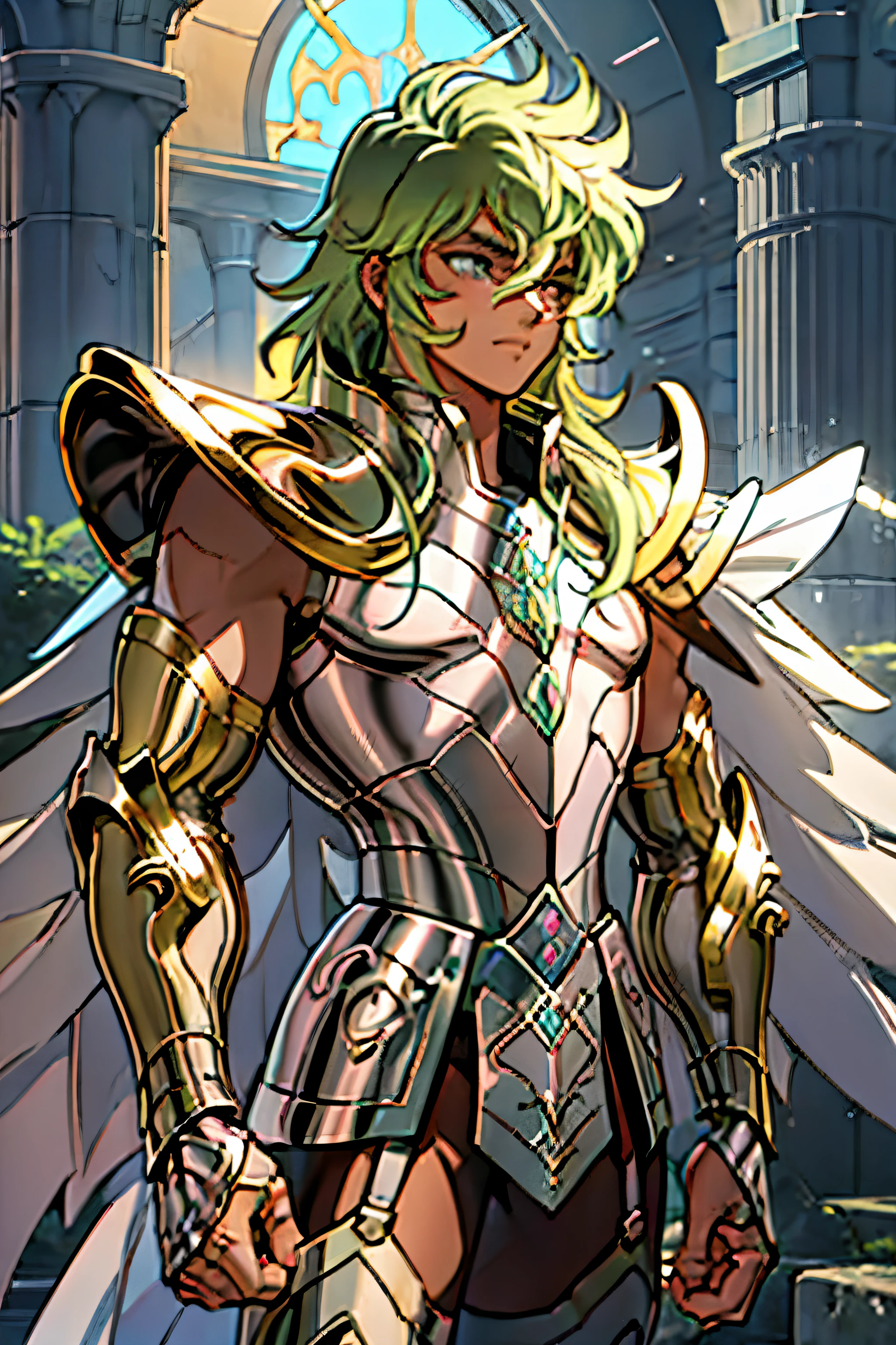 (lingerie:1.3), um cavaleiro defensor da deusa Hera usando uma armadura cor-de-rosa e cabelos verde pastel longos e cacheados, olhos roxos, The knight wears Saint Seiya style armor with wings, hiperdetalhado