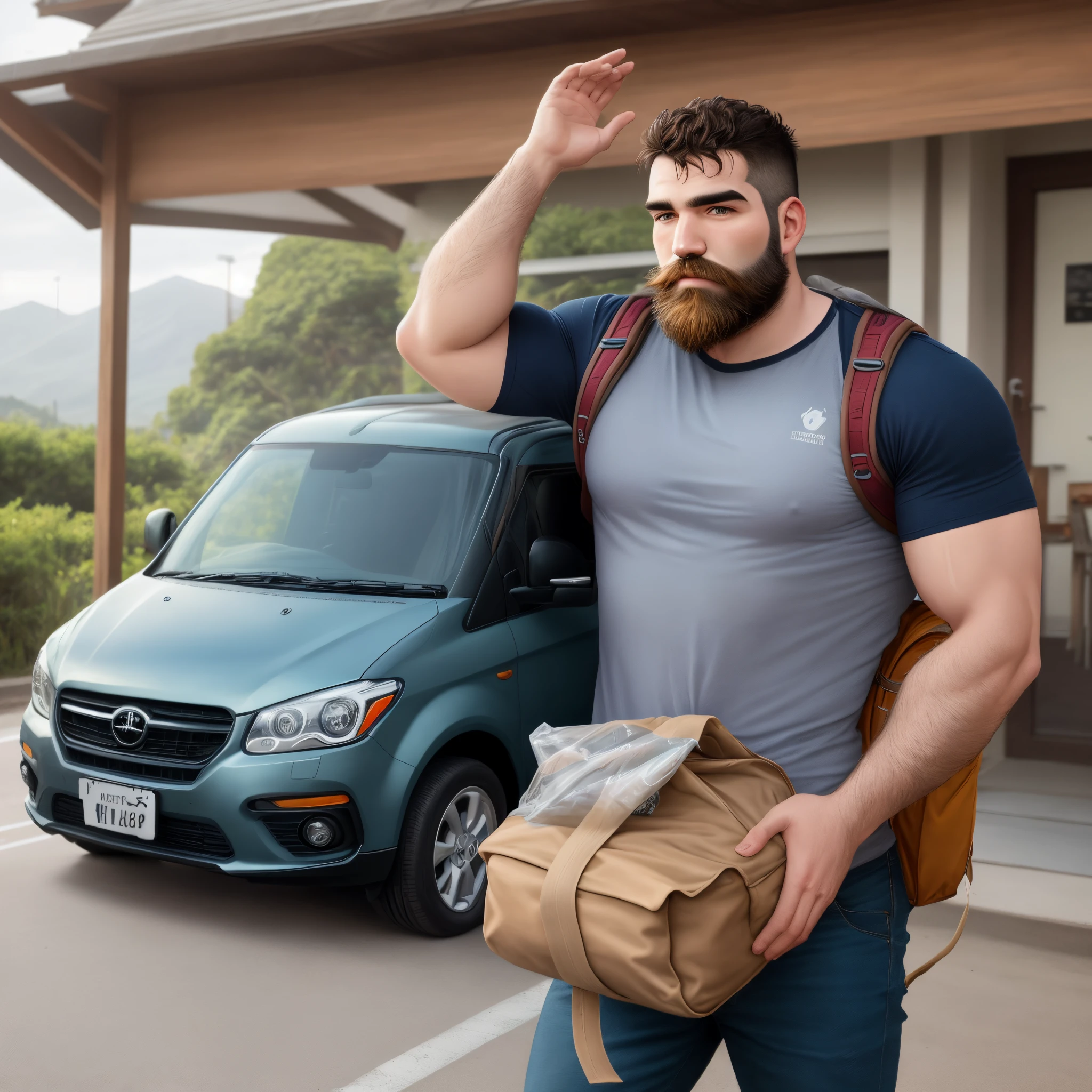 Crie uma imagem de um homem barbudo com um monte de mochila saindo do seu carro