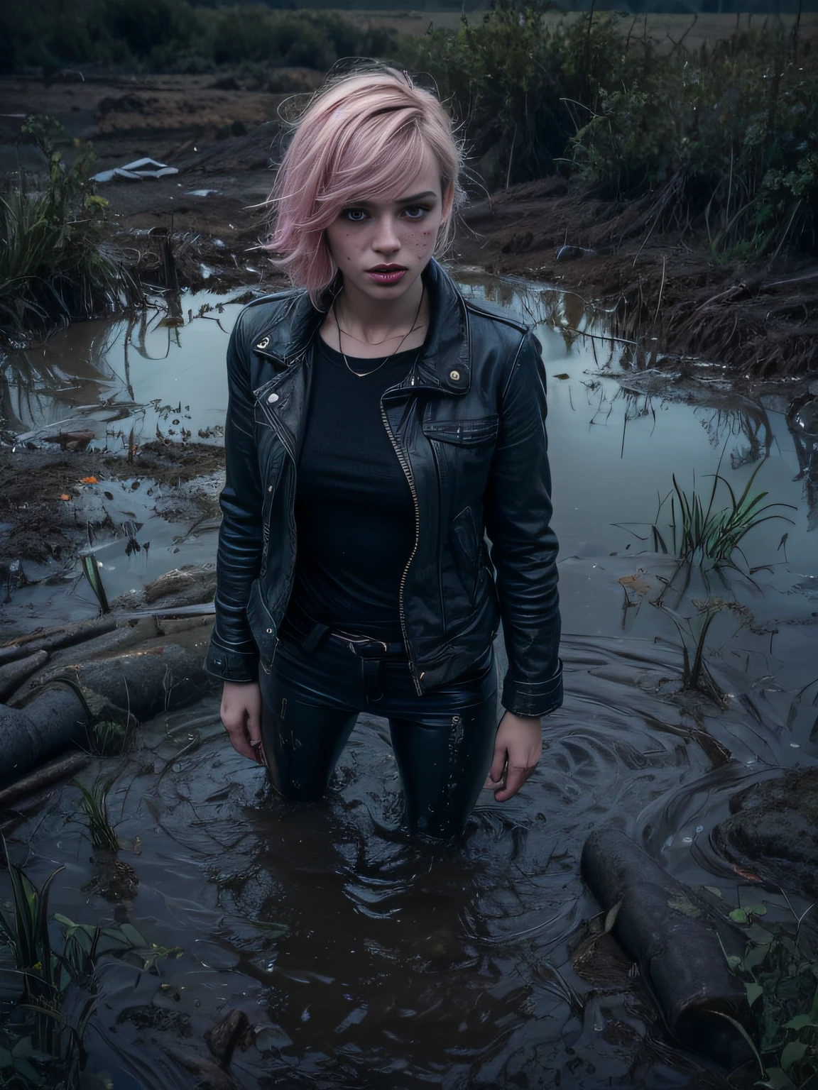 masterpiece, professional, sensation, attention-grabbing, teenage girl, drowning in a swamp, drowning, sinking, , freckles, wearing soaking wet jeans, messy, faded leather biker jacket, t-shirt, pale skin, lifeless expression, dry-humping, intimate moment:1.2, fetishistic desires girl, 21 year old , short shoulder-length hair, pink hair color,