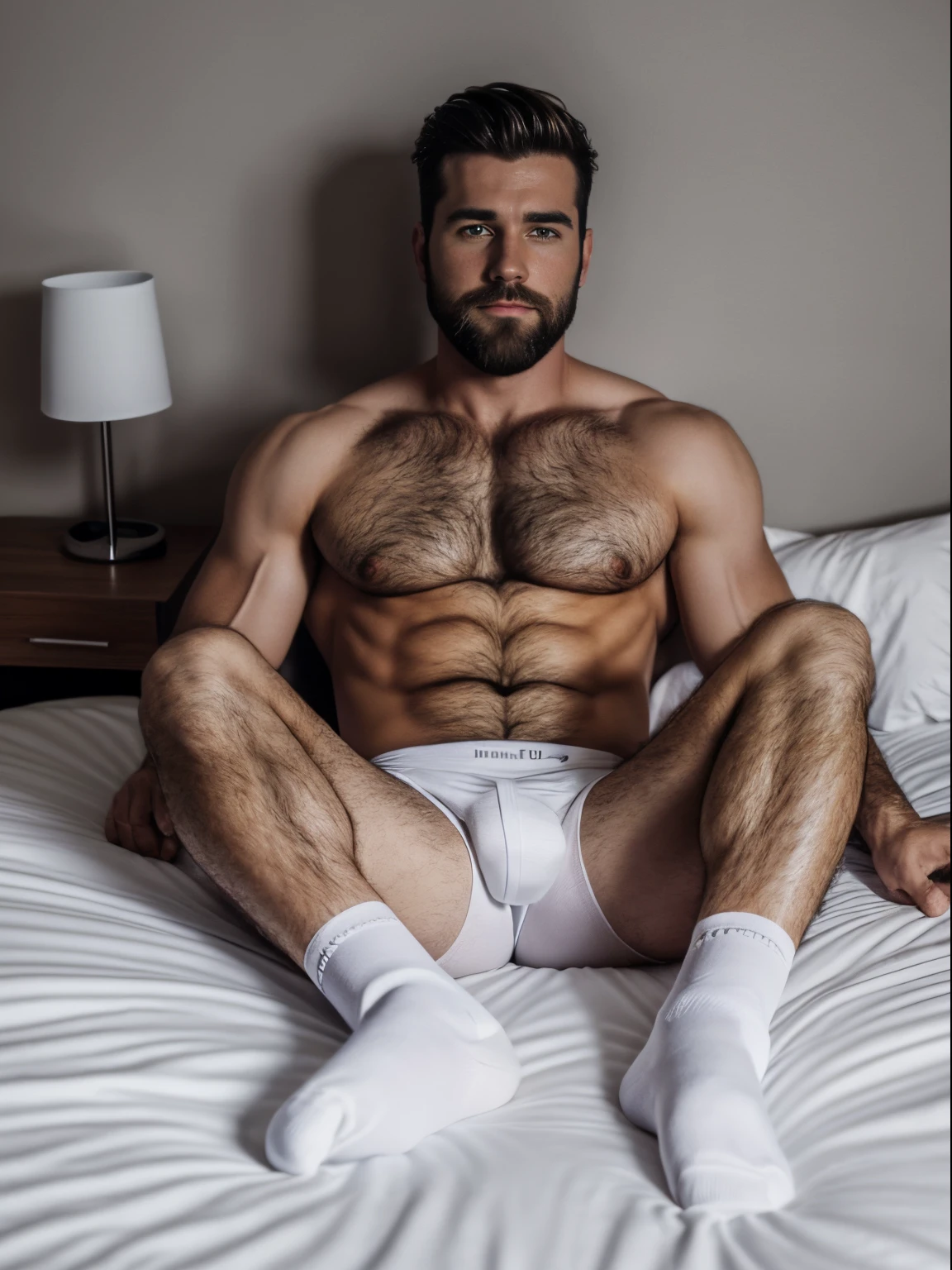 (handsome male wearing short white socks), in bed, white briefs, showing feet, medium beard, medium build, hairy chest, candid, night light, ultra-realistic, 8k, tumblr image, legs spread apart