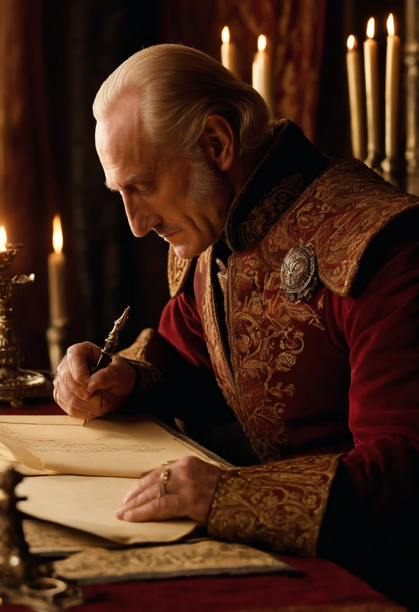 A meticulously organized desk with documents and a quill pen, as Tywin carefully writes a letter,Game of Thrones,Tywin is tall with receding blonde/grey hair, green eyes, grim expression, wears red and gold, famously portrayed by Charles Dance, male