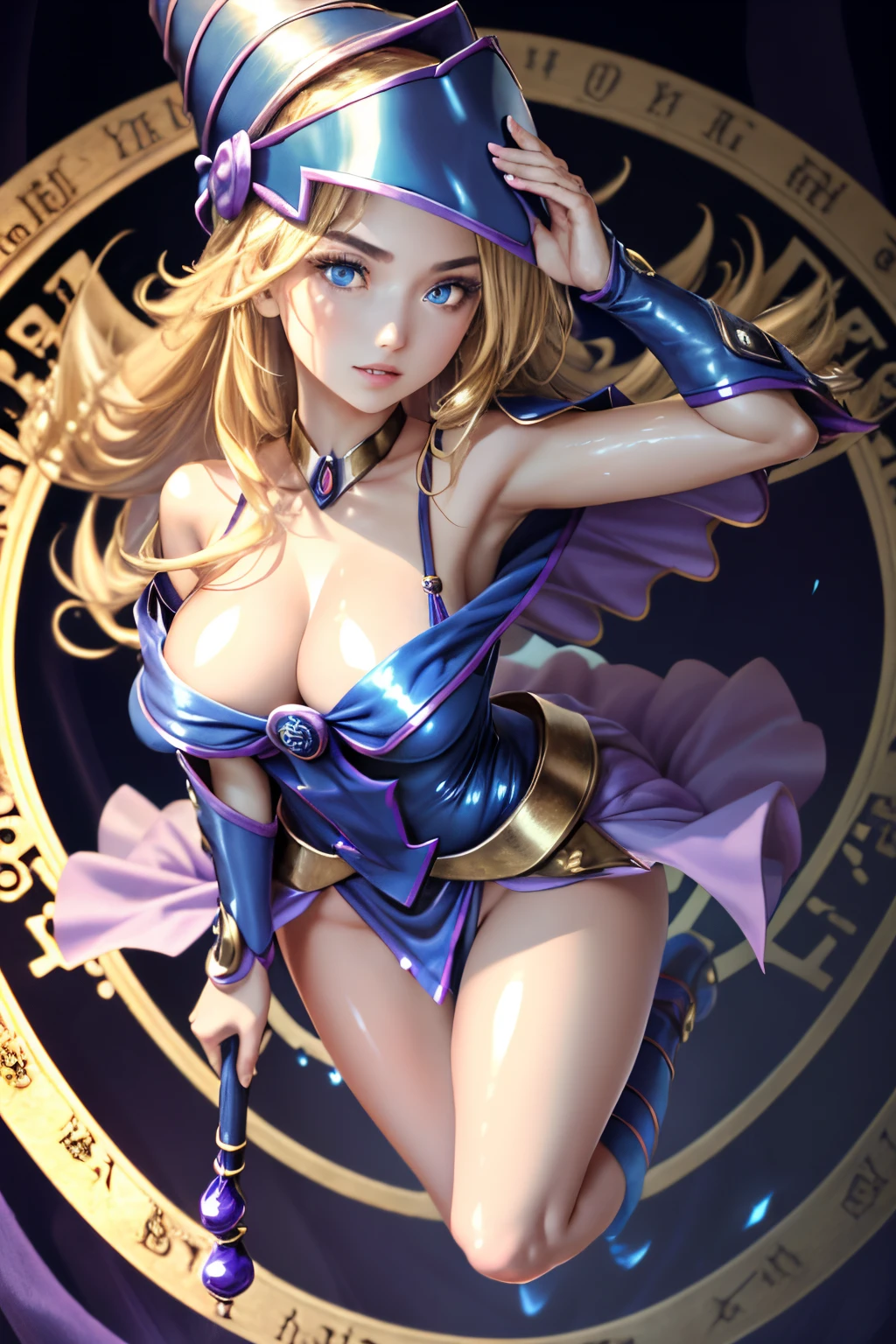 ultra-detailed, extremely detailed, masterpiece, highest quality, best quality, absurdres, highres, dark magician girl, (1girl:1.2), solo, detailed face, dynamic pose, hair flow, (full body:1.1), blonde hair, long hair, looking at viewer, green eyes, skindentation, detailed skin, skin pores, (shiny skin, glossy skin:1.1), rosy skin details, breasts, nail polish, skirt, blue footwear, blue headwear, wizard hat, wand, holding hat, (blue panties:0.9), (summoning circle:1.1), hexagram, pentacle, pentagram, yu-gi-oh!, duel monster, purple magic field, glow, detailed background, intricate background,