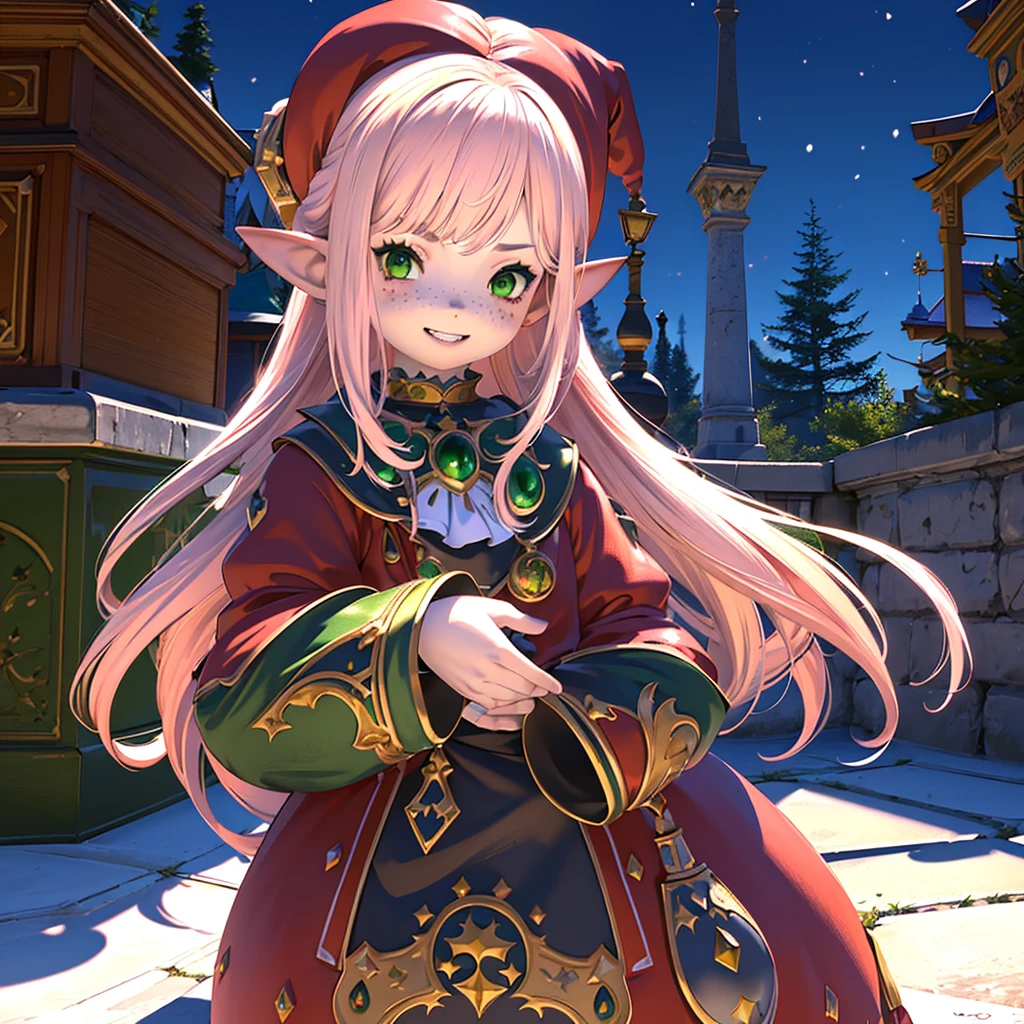 anime, (masterpiece, best quality, ultra-detailed), (detailed background, night time, outside, snow), (beautiful detailed face), close up, 1 girl (solo, Lalafell, long hair, pink hair, santa hat, grin expression, high detail eyes, (glowing emerald green eyes):1.1)