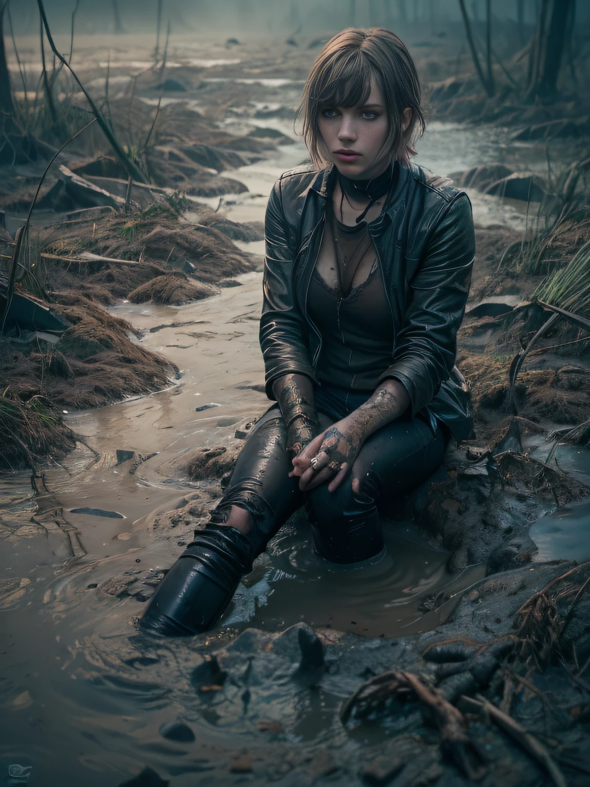(Best Quality,hight resolution,Masterpiece, Overhead view:1.20),Ultra-detailed,The woman,Wide flares on jeans,sickly,drowning in a swamp,standingn:1.2, fetish, Posing, overcomes shame:1.3, (at the bottom of a mud pit:1.3),gloomy ???????,fetish,dark gloomy atmosphere,gritty texture,melancholic expression on his face,mysterious aura,foggy background,Subtle color palette,provocative pose,Strong emotions,Coming Out of the Depths of Despair,Piercing gaze,intense shadows,Plunged in Darkness,Rugged terrain,ominous vibe,A supernatural sensation,asymmetrical bangs, freckles, pink short hair, Bangs, freckles, gray eyes,