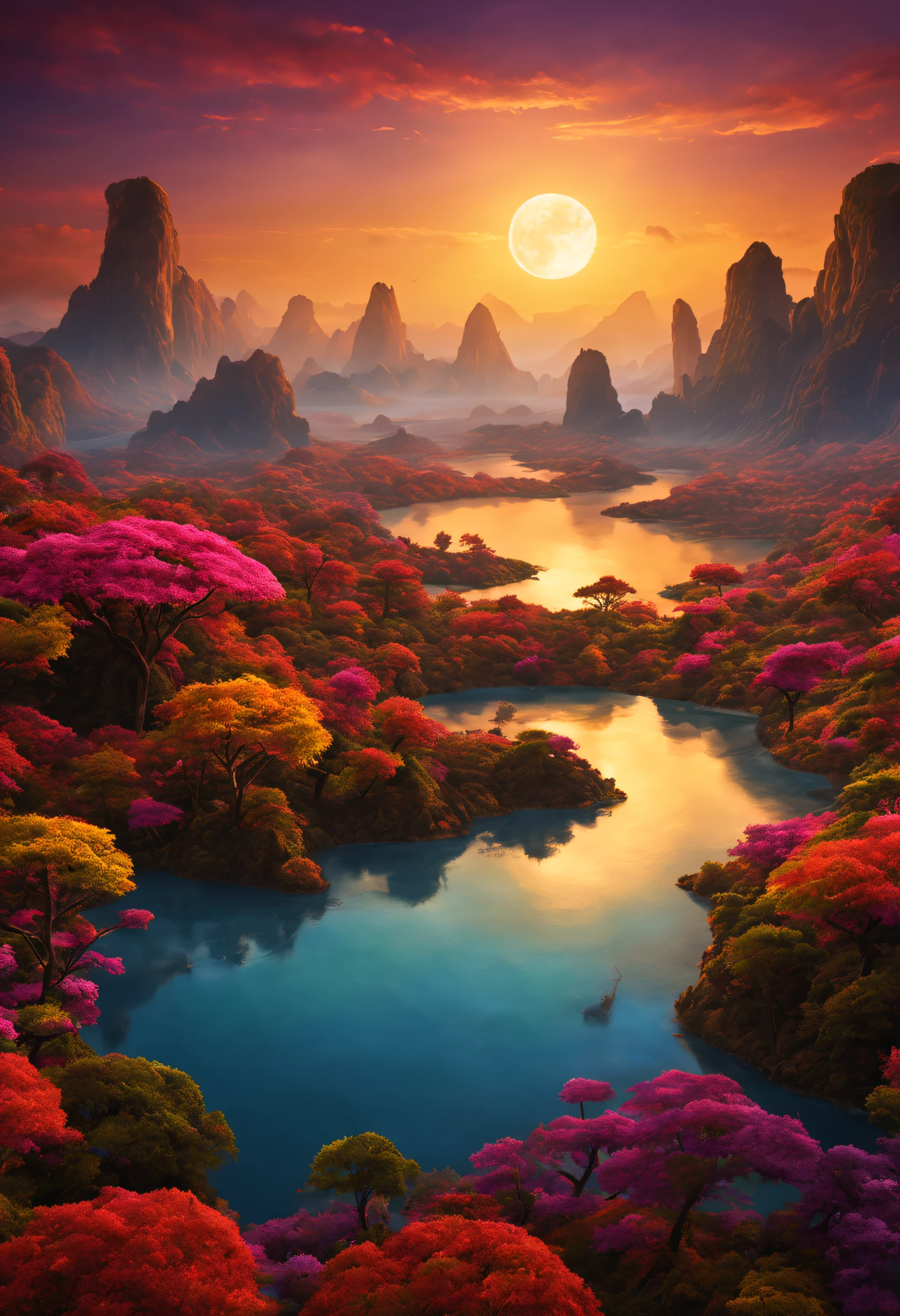 A beautifull magnificent imaginary landscape on an exotic planet with a lot of colored sunset and an extraordinary