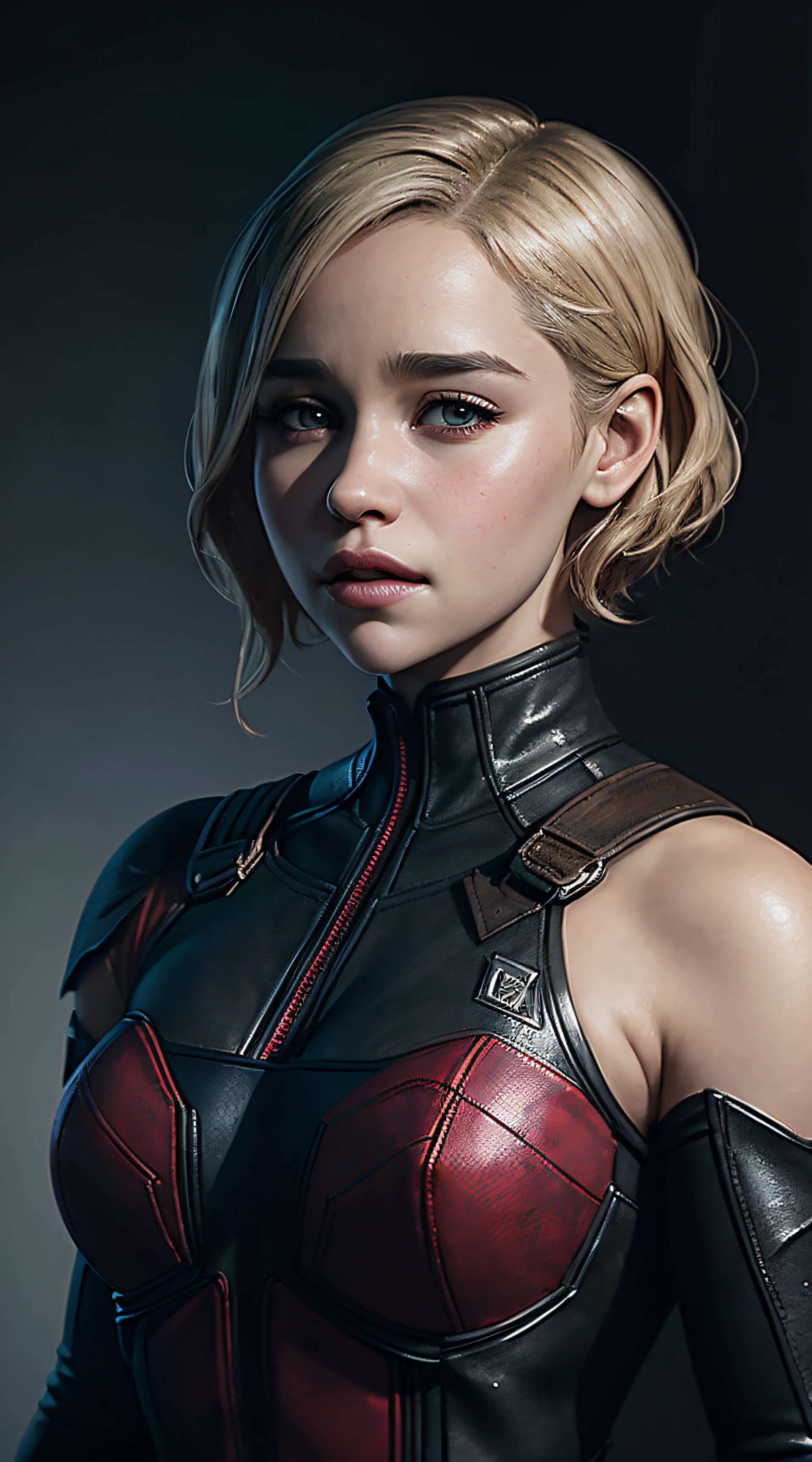 Emilia Clarke, Deadpool costume sexy clothes, character portrait, 3 9 9 0 s, short hair, intricate, elegant, highly detailed, digital painting, artstation, concept art, smooth, sharp focus, illustration, art by wlop, charlie bowater and alexandra fomina