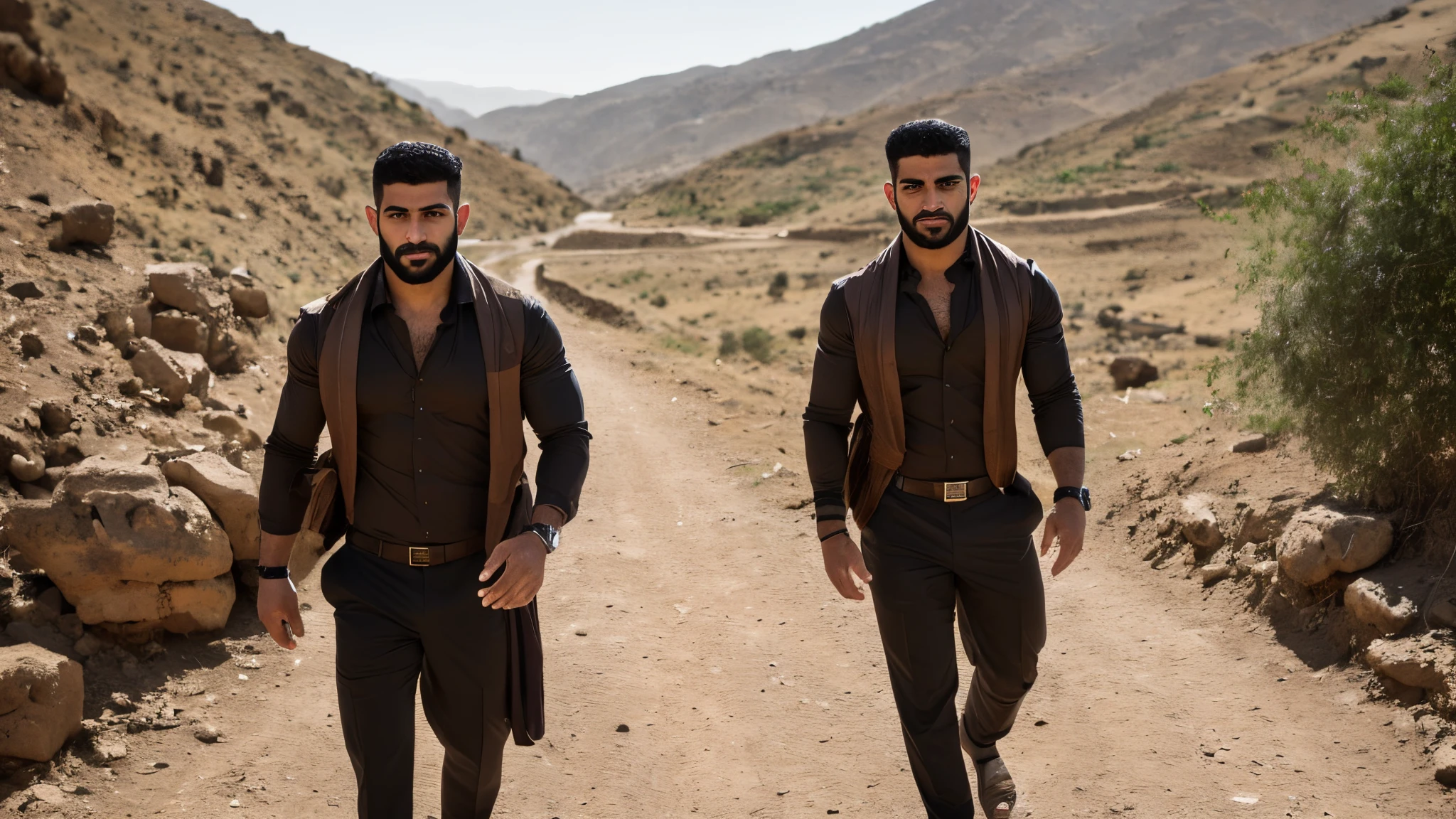 attractive looking muscular Iraqi man with hunter eyes and chiseled jawline. Hes got a slight beard. Walking through the hills on Nineveh. There are cattle in the vicinity. There's a small flowing river. The time is dawn. An image that women will buy.