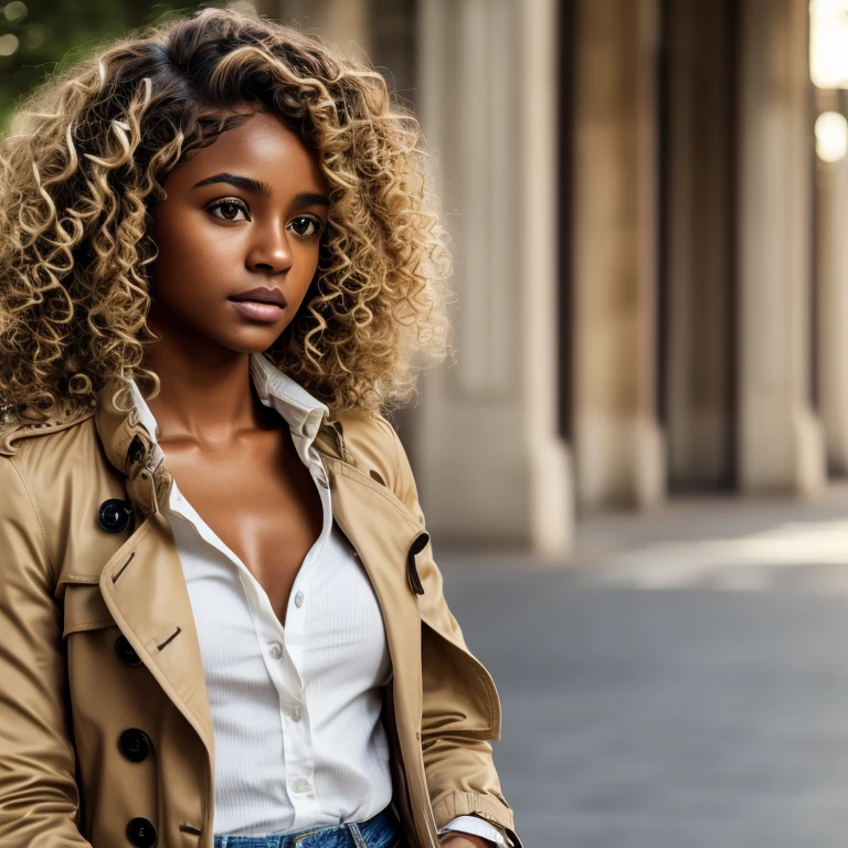 solo full shot of an attractive ((brown skin young woman ))she is beautiful and petite wearing a ((curly wavy blonde hairstyle)) a white shirt jeans and ((brown trench coat )) ((lifelike skin texture)) ((very detailed image )) she has a petite figure ((stunning eyes and a sharp nose)) perfect ((blonde curly hair))UHD, a Masterpiece,Realistic textures,(( hyper-realistic)), 8k, photorealistic, XT3 grain,Fujifilm standing outdoors at university grounds