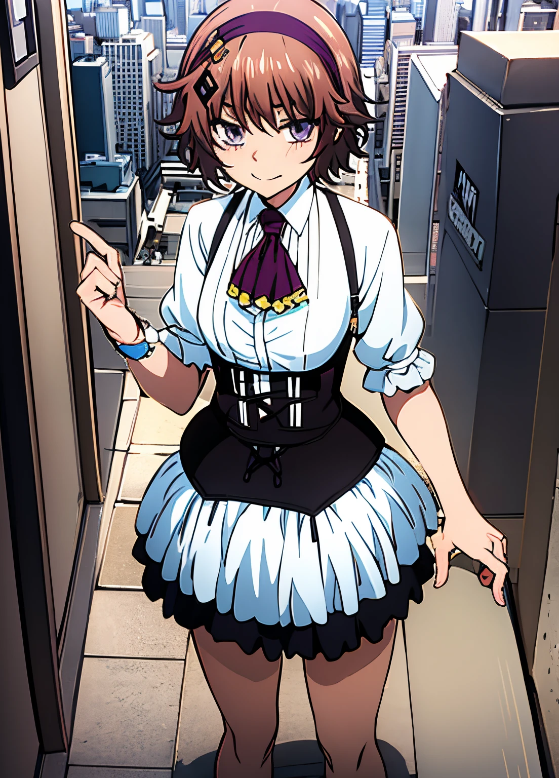 pee,Urine,Omorashi,Standing,pissing,pollution,incontinence,Urine,Toilet room, (Official art, extremely detailed CG Unity, Shiny skin, ), Kazuki, Elegant costumes:1, short brown hair, Purple eyes:1, hair band with pendant:1, White Dress, Short tie, Small breasts, black corset with suspenders, to stand, blush,,lift up one's skirt , (Full body:0.6), (City Background:1.2)