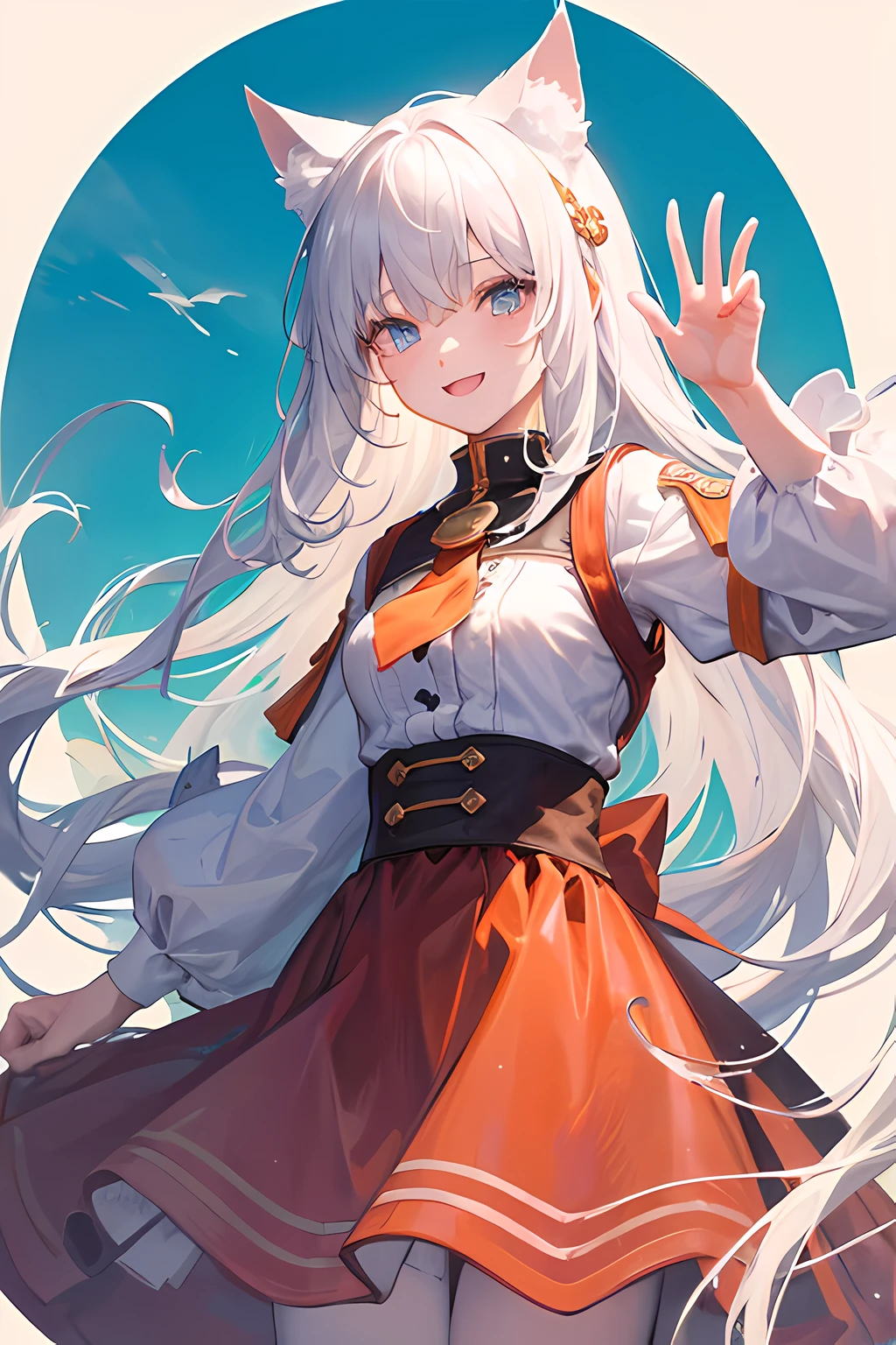 12 year old daughter cat person with long white hair and cat ears coming out of the top. One eye is blue the other one is orange. She is waving and has an exaggerated smile, wearing adventurer clothes. on a white background