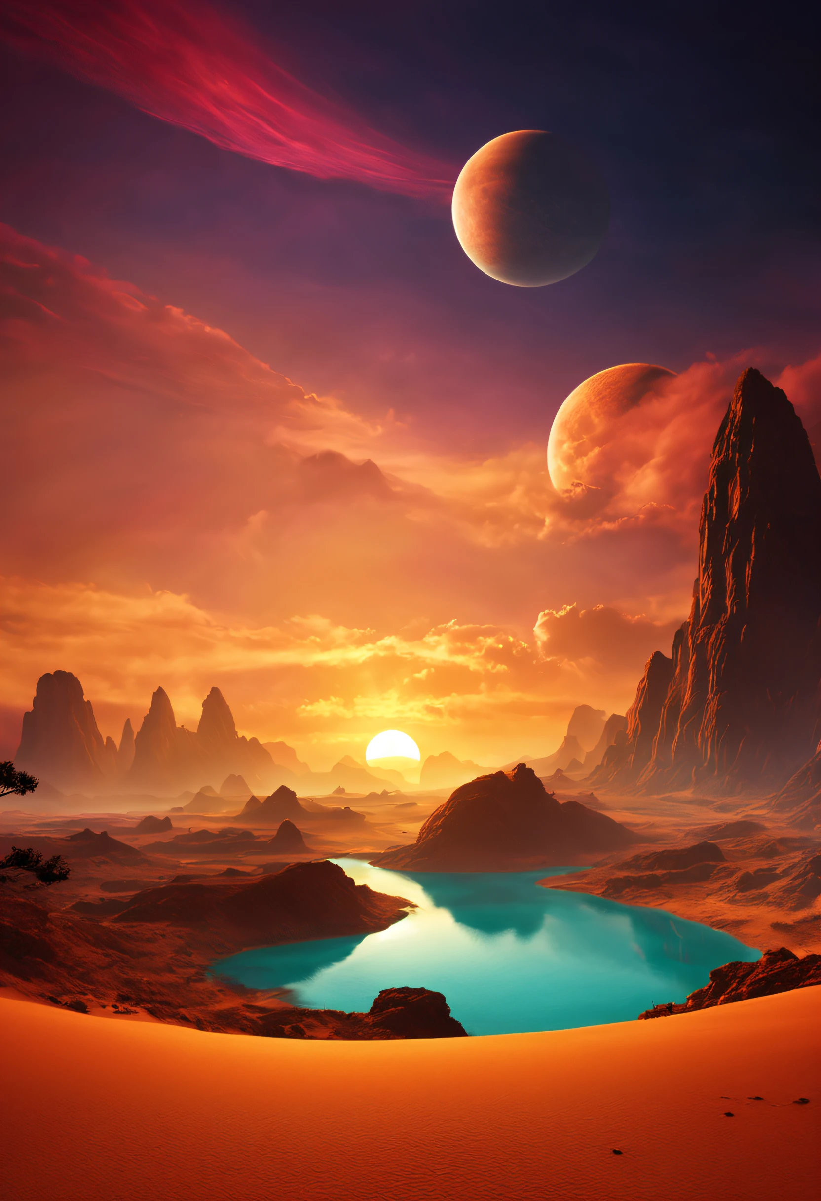 A beautifull magnificent imaginary landscape on an exotic planet with a lot of colored sunset and an extraordinary dust colored wind