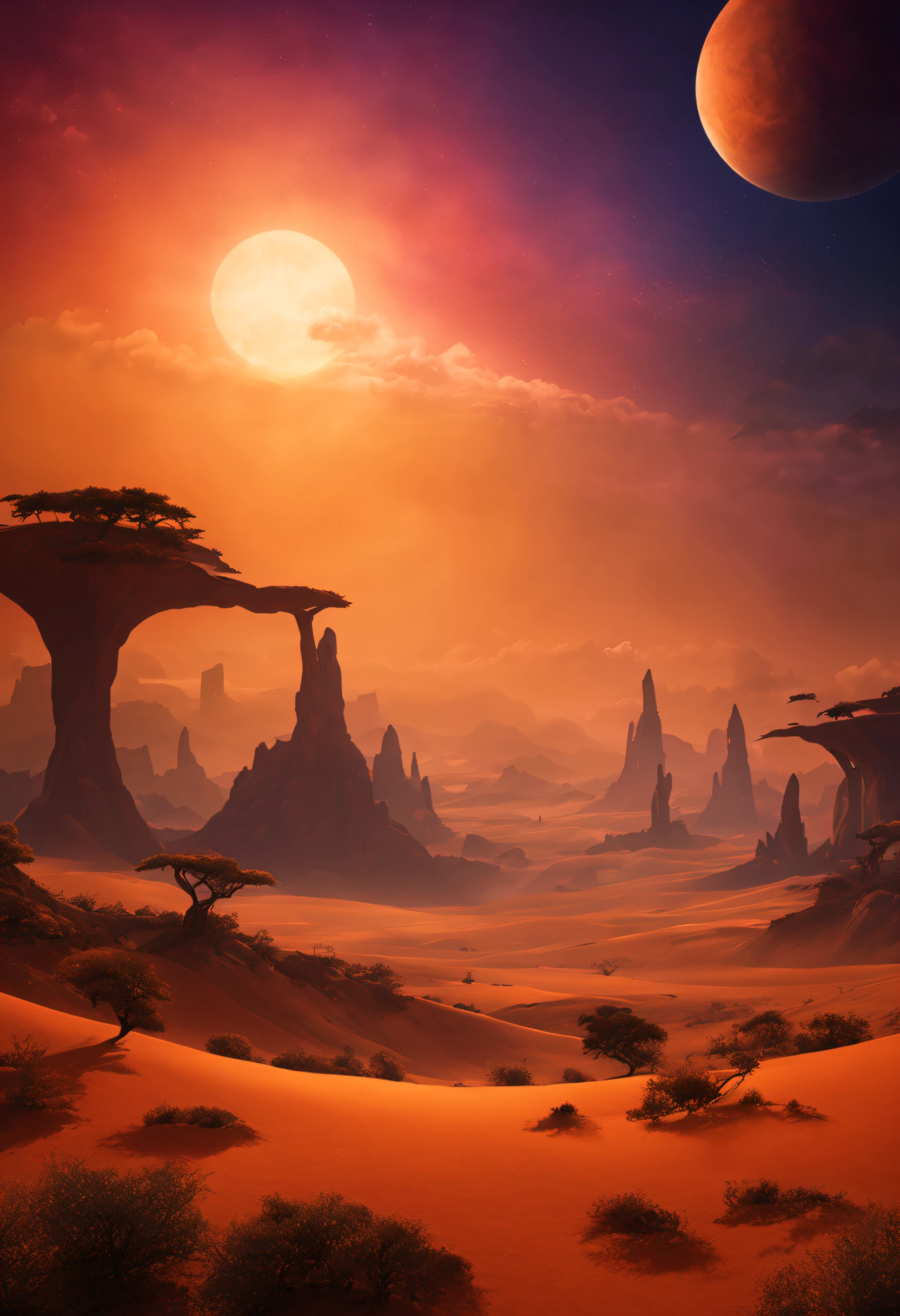 A beautifull magnificent imaginary landscape on an exotic planet with a lot of colored sunset and an extraordinary dust colored wind
