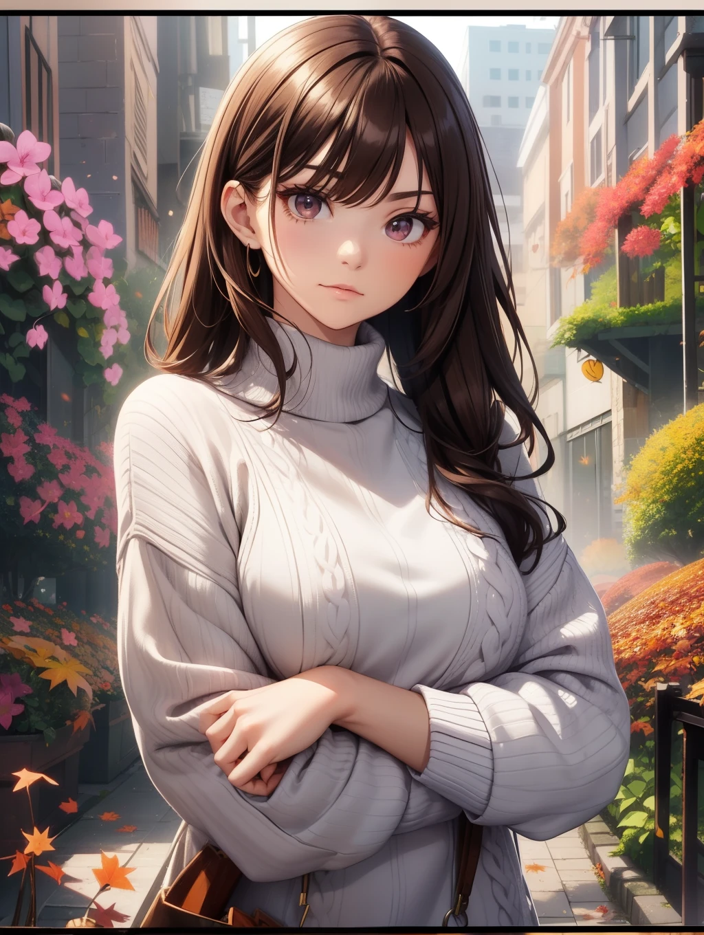 Best Quality, masutepiece, beautiful mature women、Beautiful face、Strong-minded woman、Officelady、(crew neck loose sweater dress、Autumn outfit:1.5)、(brown haired、Bangs are asymmetrical)、((Brown-eyed))、Longhaire、Undersized eyes、(((cyclamen)))、(morning flower garden)、BREAK(poseing)