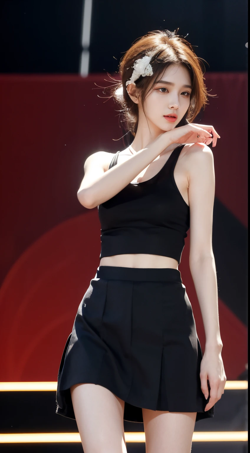 (Photorealistic),(Masterpiece),(ultra-detailed),a very pretty tall but very malnourished and feeble and almost skin and bones,have no fat,extremely small head,extremely thin and slim thighs and legs thin as arms,wearing a loose skirt and a tank top,171cm and 37kg,performing on a stage,20 year old idol member girl, has eaten almost nothing for a month due to how busy she is, somehow staying bright despite being extremely exhausted and hungry, feels like she could faint instantly but stays bright for her fans