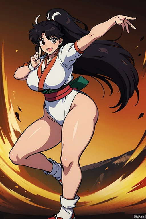 Kagome Higurashi, mai shiranui from the king of fighters, 1girl, solo, beautiful detailed eyes, ultradetailed eyes, extremely detailed face, perfect lighting, long black hair, golden eyes, 25yo, Japanese mature female, wearing a green short kimono, matured face, blushing, joyful expression, big breast, big hips, full body view, big body, thick, (Curvy:1.35), dynamic pose, fighting stance, defensive pose, ((Master piece)), best quality,