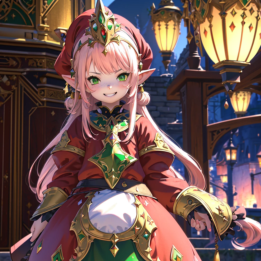 anime, (masterpiece, best quality, ultra-detailed), (detailed background, night time, outside, snow), (beautiful detailed face), close up, 1 girl (solo, Lalafell, long hair, pink hair, santa hat, grin expression, high detail eyes, (glowing emerald green eyes):1.1)