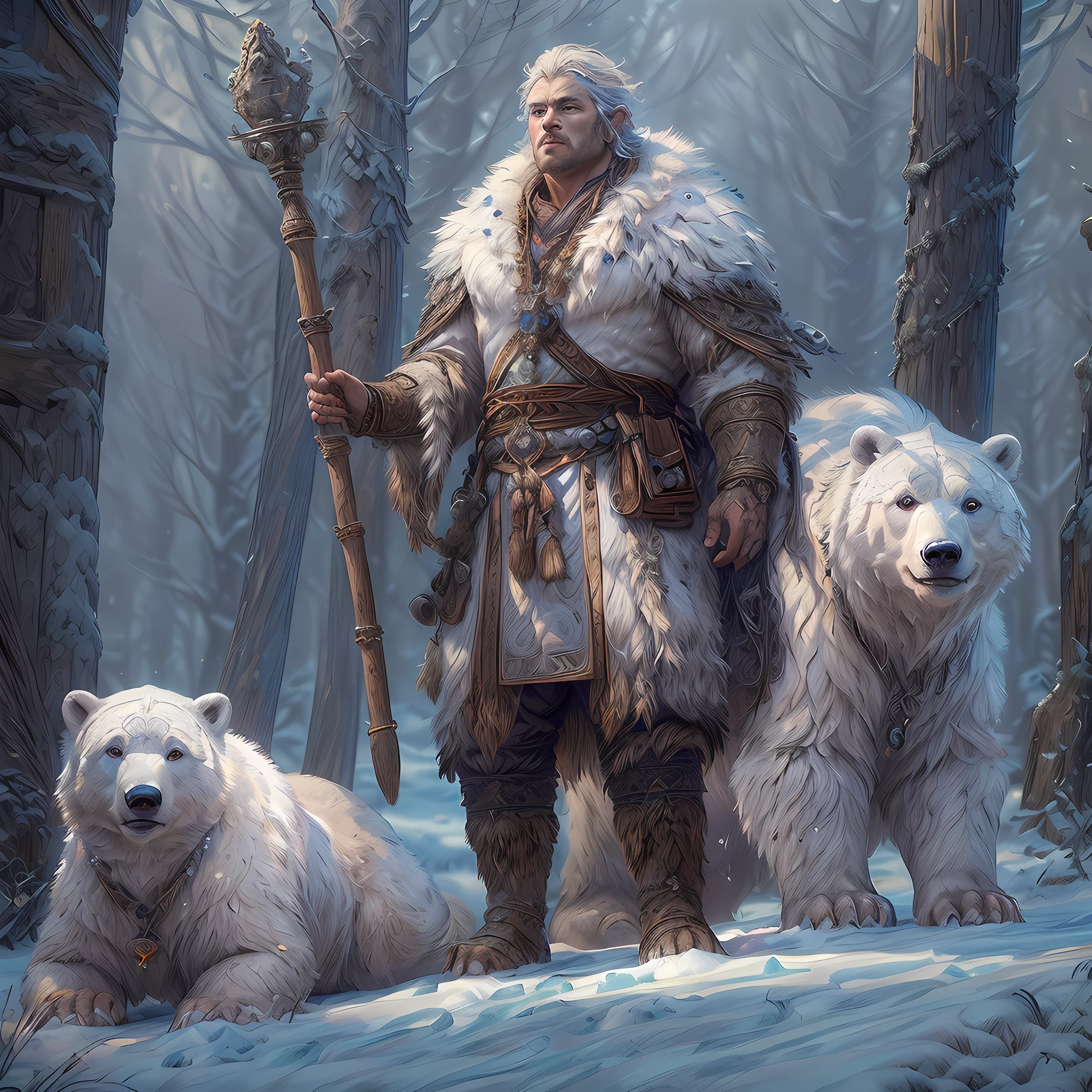 high details, best quality, 8k, [ultra detailed], masterpiece, best quality, (extremely detailed), dynamic angle, ultra wide shot, RAW, photorealistic, fantasy art, dnd art, rpg art, realistic art, a wide angle picture of a male human druid (intricate details, Masterpiece, best quality: 1.5) and his epic pet white bear, priest of nature, cleric of nature, dnd druid, full body, [[anatomically correct]], dynamic position (1.5 intricate details, Masterpiece, best quality) talking to a white bear, polar bear ((intricate details, Masterpiece, best quality: 1.6) in arctic tundra, trees with snows, half frozen river, snow(intricate details, Masterpiece, best quality: 1.5), a male wearing fur clothes (1.4 intricate details, Masterpiece, best quality), armed with a glowing (quarterstaff: 1.3) gl0w1ngR,  Ultra Detailed Face (intricate details, Masterpiece, best quality: 1.5), fur boots, thick hair, long hair, blond hair, pale skin intense fair eyes, arctic background (intense details), dynamic light, dynamic angle, (intricate details, Masterpiece, best quality: 1.5) high details, best quality, highres, ultra wide angle