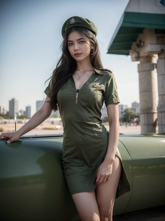 8k, highest quality, ultra detailed:1.37), Eliana, 18yo, a beautiful Israeli girl, proudly stands in a military uniform, representing her role as a soldier. She wears a fitted olive green dress, complete with a beret and combat boots. The high-resolution image captures ultra-detailed realism, highlighting Eliana's determined expression, piercing eyes, and confident stance. The backdrop showcases an Israeli military base, adding to the authenticity and significance of the image. This visually striking representation showcases Eliana's strength and dedication as a soldier.