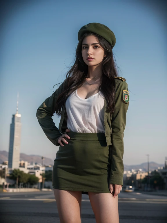 8k, highest quality, ultra detailed:1.37), Eliana, 18yo, a beautiful Israeli girl, proudly stands in a military uniform, representing her role as a soldier. She wears a fitted olive green dress, complete with a beret and combat boots. The high-resolution image captures ultra-detailed realism, highlighting Eliana's determined expression, piercing eyes, and confident stance. The backdrop showcases an Israeli military base, adding to the authenticity and significance of the image. This visually striking representation showcases Eliana's strength and dedication as a soldier.