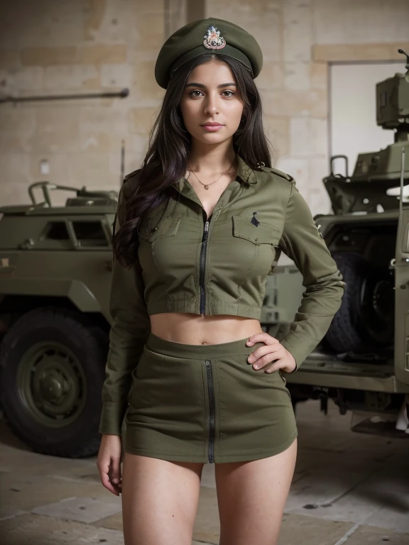 8k, highest quality, ultra detailed:1.37), Eliana, 18yo, a beautiful Israeli girl, proudly stands in a military uniform, representing her role as a soldier. She wears a fitted olive green dress, complete with a beret and combat boots. The high-resolution image captures ultra-detailed realism, highlighting Eliana's determined expression, piercing eyes, and confident stance. The backdrop showcases an Israeli military base, adding to the authenticity and significance of the image. This visually striking representation showcases Eliana's strength and dedication as a soldier.