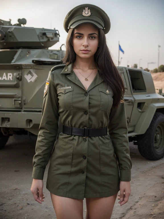 8k, highest quality, ultra detailed:1.37), Eliana, 18yo, a beautiful Israeli girl, proudly stands in a military uniform, representing her role as a soldier. She wears a fitted olive green dress, complete with a beret and combat boots. The high-resolution image captures ultra-detailed realism, highlighting Eliana's determined expression, piercing eyes, and confident stance. The backdrop showcases an Israeli military base, adding to the authenticity and significance of the image. This visually striking representation showcases Eliana's strength and dedication as a soldier.