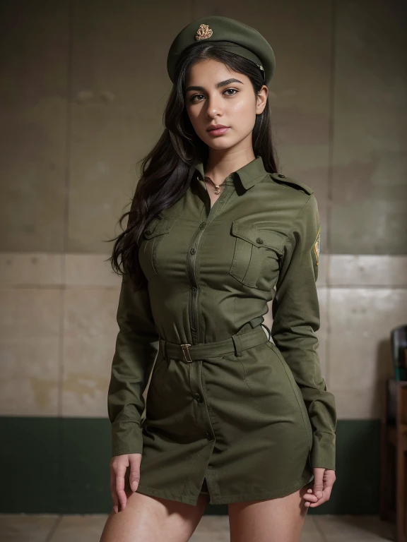 8k, highest quality, ultra detailed:1.37), Eliana, 18yo, a beautiful Israeli girl, proudly stands in a military uniform, representing her role as a soldier. She wears a fitted olive green dress, complete with a beret and combat boots. The high-resolution image captures ultra-detailed realism, highlighting Eliana's determined expression, piercing eyes, and confident stance. The backdrop showcases an Israeli military base, adding to the authenticity and significance of the image. This visually striking representation showcases Eliana's strength and dedication as a soldier.