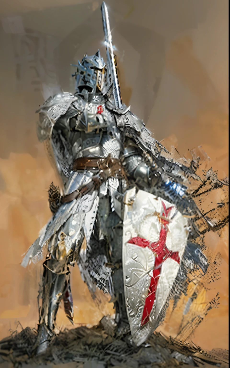 (Best quality,4K,8K,A high resolution,Masterpiece:1.2),Ultra-detailed,(Realistic,Photorealistic,photo-realistic:1.37),A sword-wielding cross armor warrior stood in the hall, Full body portrait of the crusader knight, Wearing heavy armor with red cross on chest,Behind him is a red cloak with a gorgeous pattern,A sacred warrior wielding a legendary sword, Mythical warriors in full-body armor, A white knight with divine armor, The helmet is decorated with the the finest gold. The eyes glow blue, Cocept art for glorious figures, Crimson Armor Knight, Epic Paladin armor, Holy medieval knight, Holding a long sword in right hand, submission, Full body shot. 10 of 10