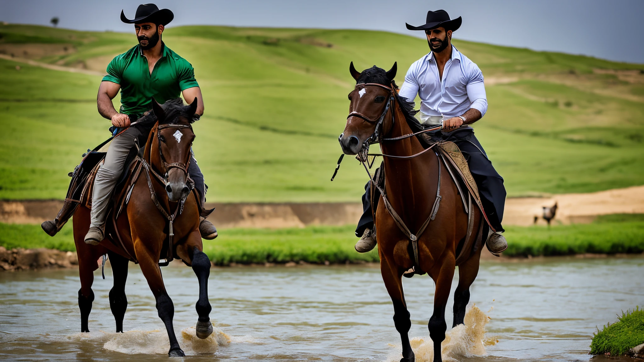 attractive looking muscular Iraqi man with hunter eyes and chiseled jawline. Hes riding a horse through the green hills of Nineveh. There are cattle in the vicinity. There's a small flowing river. The time is dawn.