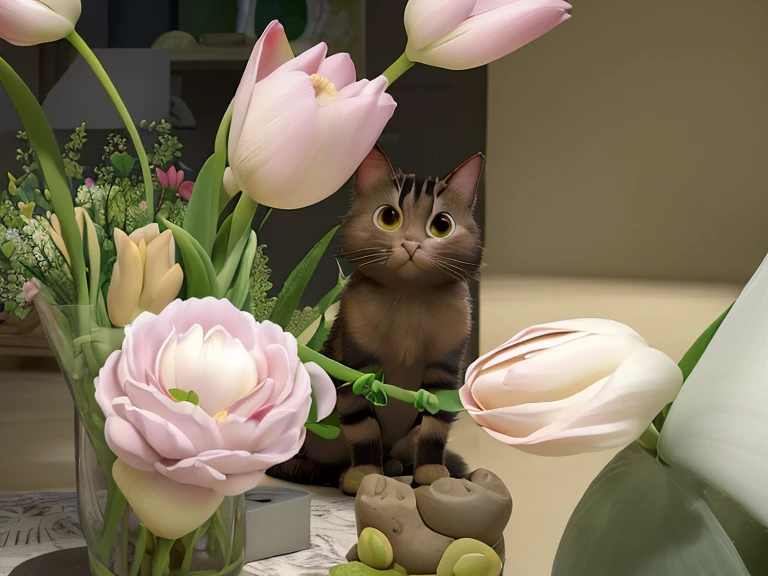 il y a un chat assis dans un vase avec des fleurs roses, vous regarder, Flowers on the heir's cheeks, les fleurs de jacinthe l'entourent, Elle nous regarde, Tulipe, avec des fleurs, Tulipes, Ramasser une fleur, Reine des fleurs, Les chats et les plantes, Il y a des fleurs, regardant de son lourd, Look at the camera with love, Assis avec des fleurs