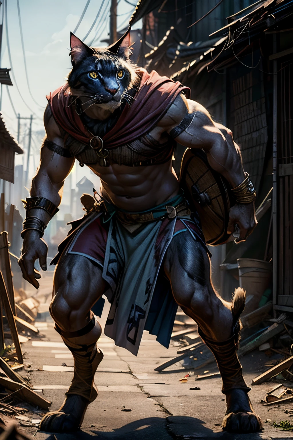 1 male cat hybrid, (feline features:0.5), (fierce look:1.2), (furry body:1.1), (in slum), cinematic lighting, (grey colored fur:1.1), muscular, (wearing tunic and loincloth), medieval environment, bokeh, raytracing, realistic textured skin, particle effects, depth of field, beautiful figure painting, bright light, amazing composition, HDR, volumetric lighting, ultra quality, elegant, highly detailed, masterpiece, best quality, high resolution, catfolk