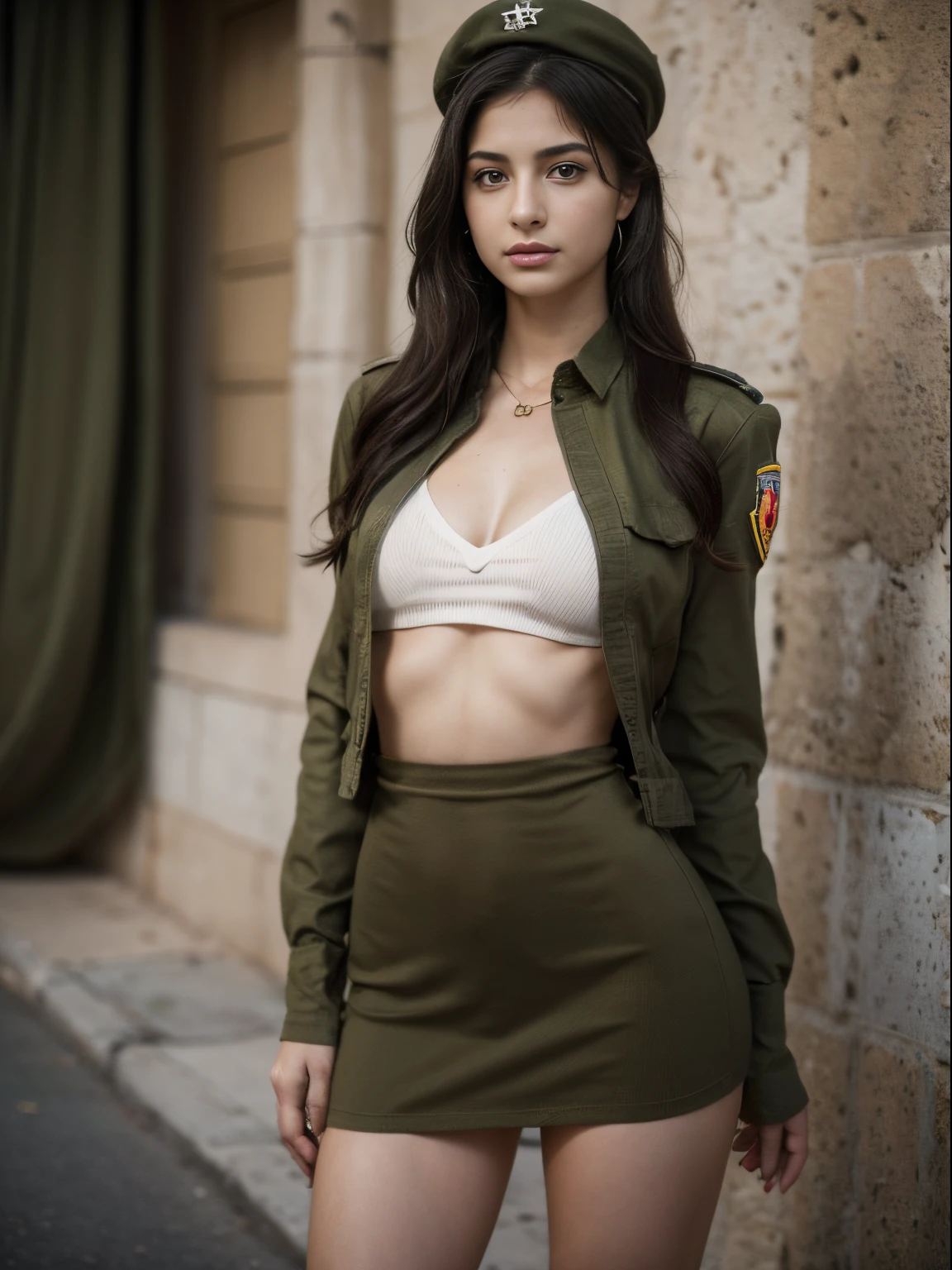 8k, highest quality, ultra detailed:1.37), Eliana, 18yo, a beautiful Israeli girl, proudly stands in a military uniform, representing her role as a soldier. She wears a fitted olive green dress, complete with a beret and combat boots. The high-resolution image captures ultra-detailed realism, highlighting Eliana's determined expression, piercing eyes, and confident stance. The backdrop showcases an Israeli military base, adding to the authenticity and significance of the image. This visually striking representation showcases Eliana's strength and dedication as a soldier.