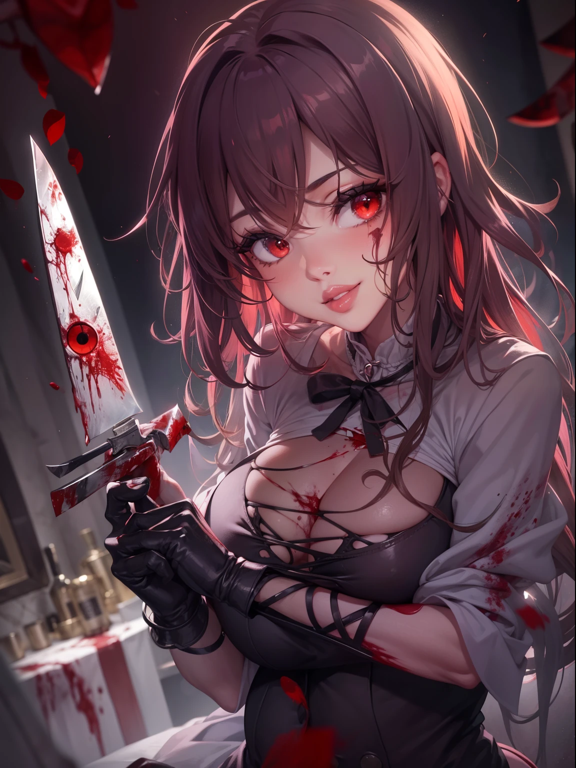 Unpleasant smile of a girl who loves knive、Psychopath horror, brown hair, big lips, blood on face, ((holding knife)), juicy lips, big boobs, holding knife by the handle, full body,red eyes long hair