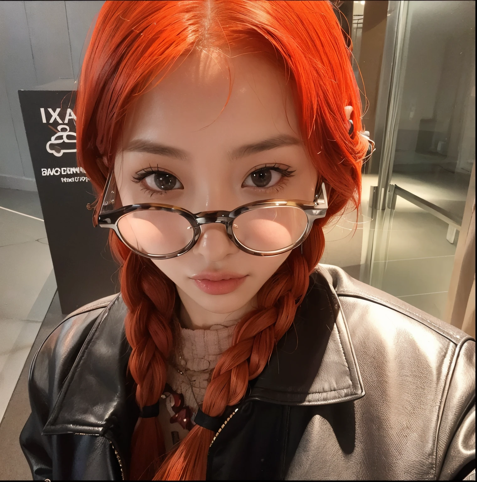 There's a woman with red hair and glasses posing for a photo, jossi do blackpink, With eye Glasses, com cabelos ruivos, ela tem cabelos longos e redorange, Parque Roseanne do Blackpink, Dom Yunjoo, Retrato de Jossi de Blackpink, tzuyu de duas vezes, ela tem cabelos ruivos, Parque Ji-min, wearing small round glasses