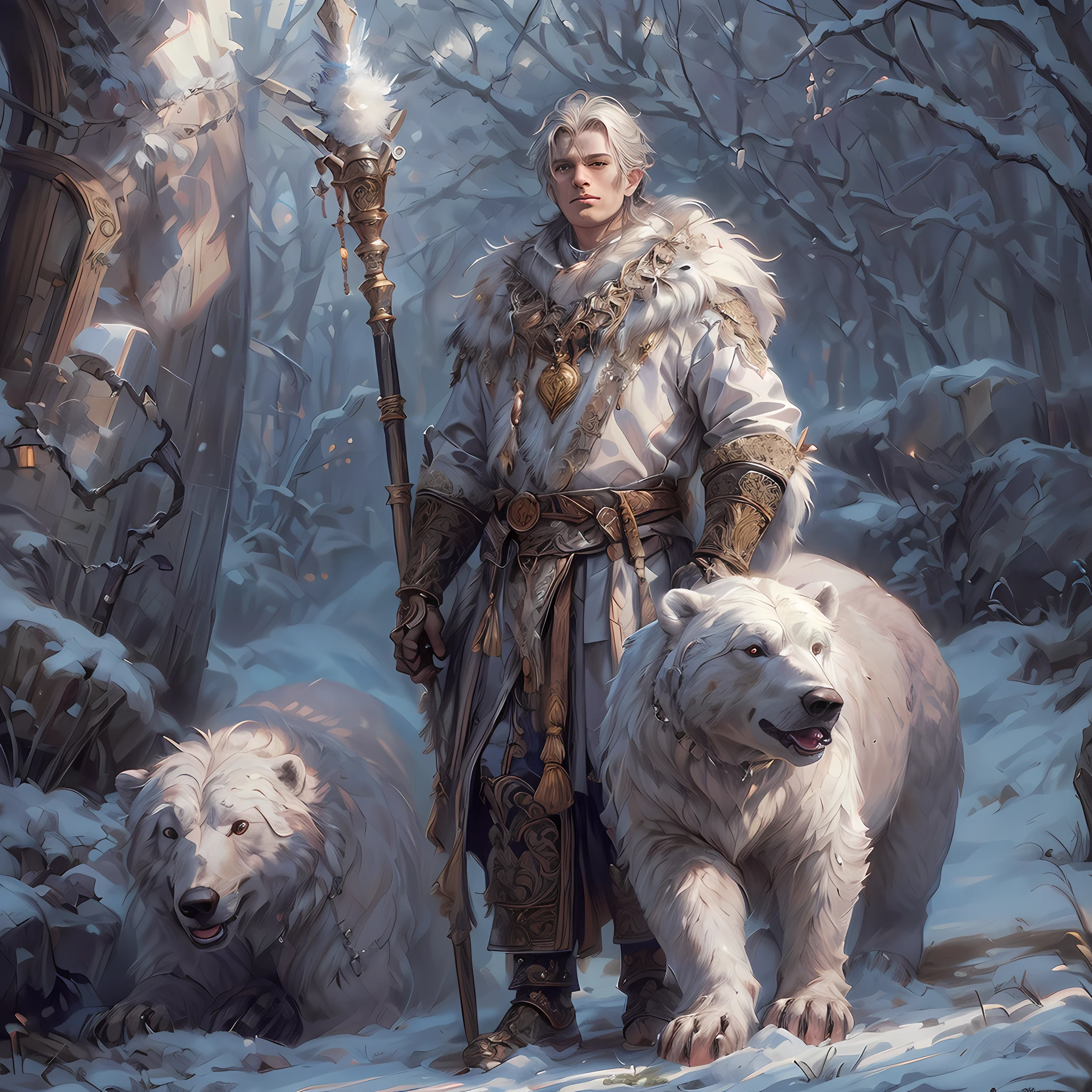 high details, best quality, 8k, [ultra detailed], masterpiece, best quality, (extremely detailed), dynamic angle, ultra wide shot, RAW, photorealistic, fantasy art, dnd art, rpg art, realistic art, a wide angle picture of a male human druid (intricate details, Masterpiece, best quality: 1.5) and his epic pet white bear, priest of nature, cleric of nature, dnd druid, full body, [[anatomically correct]], dynamic position (1.5 intricate details, Masterpiece, best quality) talking to a white bear, polar bear ((intricate details, Masterpiece, best quality: 1.6) in arctic tundra, trees with snows, half frozen river, snow(intricate details, Masterpiece, best quality: 1.5), a male wearing fur clothes (1.4 intricate details, Masterpiece, best quality), armed with a glowing (quarterstaff: 1.3) gl0w1ngR,  Ultra Detailed Face (intricate details, Masterpiece, best quality: 1.5), fur boots, thick hair, long hair, blond hair, pale skin intense fair eyes, arctic background (intense details), dynamic light, dynamic angle, (intricate details, Masterpiece, best quality: 1.5) high details, best quality, highres, ultra wide angle, 2.5 rendering