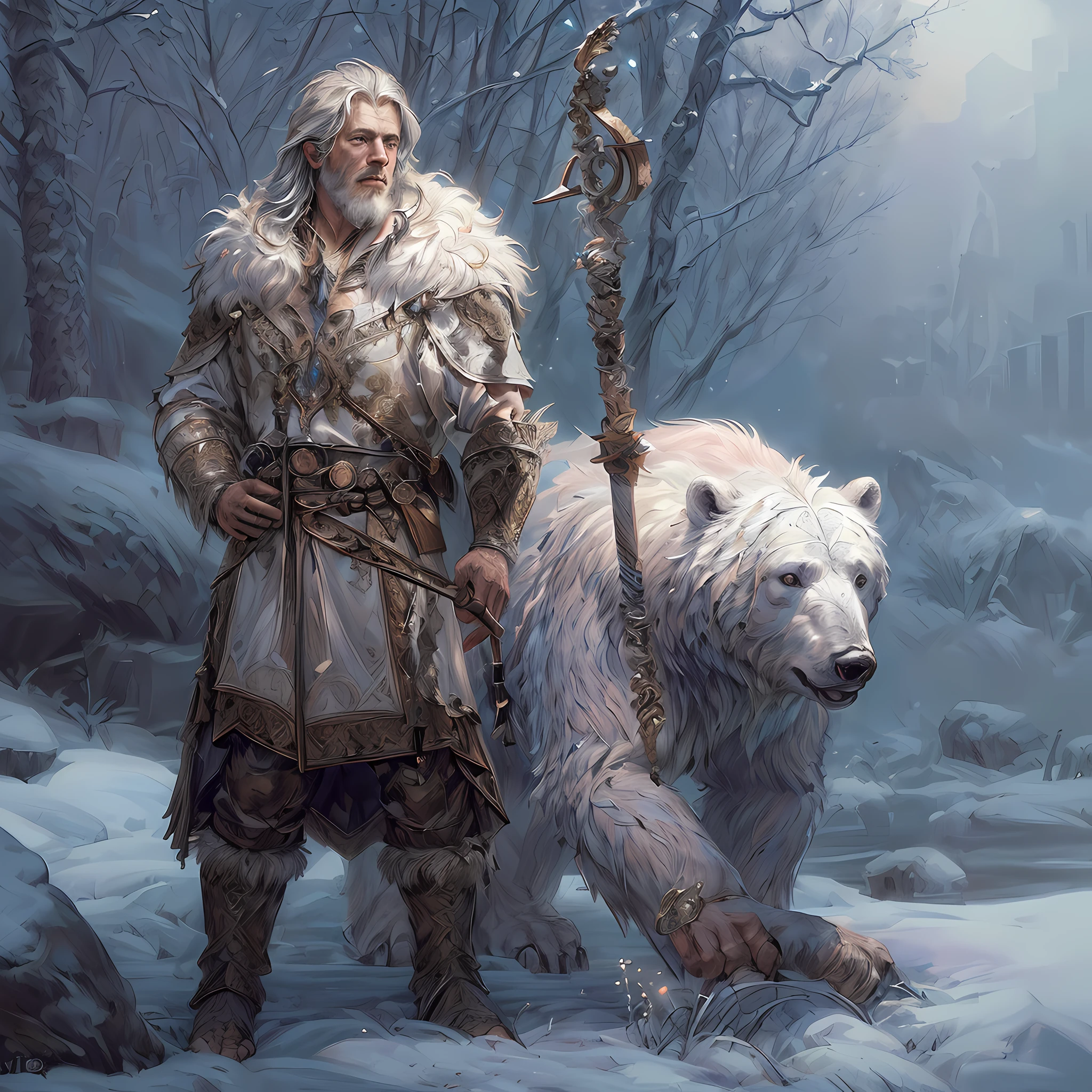 high details, best quality, 8k, [ultra detailed], masterpiece, best quality, (extremely detailed), dynamic angle, ultra wide shot, RAW, photorealistic, fantasy art, dnd art, rpg art, realistic art, a wide angle picture of a male human druid (intricate details, Masterpiece, best quality: 1.5) and his epic pet white bear, priest of nature, cleric of nature, dnd druid, full body, [[anatomically correct]], dynamic position (1.5 intricate details, Masterpiece, best quality) talking to a white bear, polar bear ((intricate details, Masterpiece, best quality: 1.6) in arctic tundra, trees with snows, half frozen river, snow(intricate details, Masterpiece, best quality: 1.5), a male wearing fur clothes (1.4 intricate details, Masterpiece, best quality), armed with a glowing (quarterstaff: 1.3) gl0w1ngR,  Ultra Detailed Face (intricate details, Masterpiece, best quality: 1.5), fur boots, thick hair, long hair, blond hair, pale skin intense fair eyes, arctic background (intense details), dynamic light, dynamic angle, (intricate details, Masterpiece, best quality: 1.5) high details, best quality, highres, ultra wide angle, 2.5 rendering