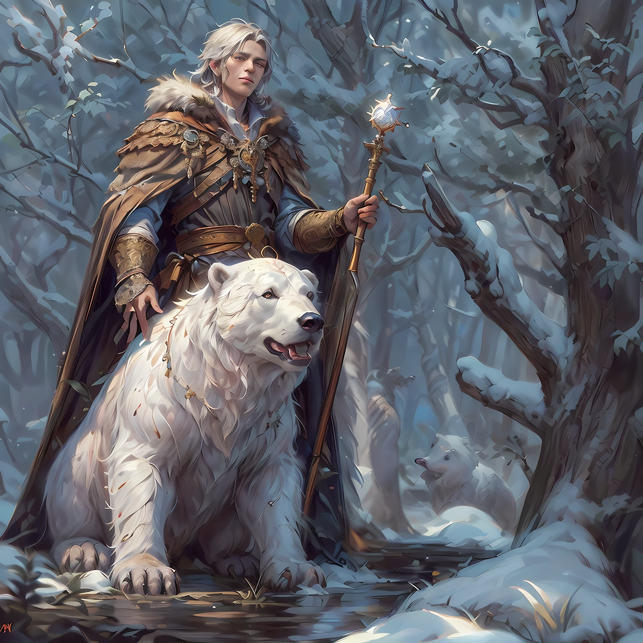 high details, best quality, 8k, [ultra detailed], masterpiece, best quality, (extremely detailed), dynamic angle, ultra wide shot, RAW, photorealistic, fantasy art, dnd art, rpg art, realistic art, a wide angle picture of a male human druid (intricate details, Masterpiece, best quality: 1.5) and his epic pet white bear, priest of nature, cleric of nature, dnd druid, full body, [[anatomically correct]], dynamic position (1.5 intricate details, Masterpiece, best quality) talking to a white bear, polar bear ((intricate details, Masterpiece, best quality: 1.6) in arctic tundra, trees with snows, half frozen river, snow(intricate details, Masterpiece, best quality: 1.5), a male wearing fur clothes (1.4 intricate details, Masterpiece, best quality), armed with a glowing (quarterstaff: 1.3) gl0w1ngR,  Ultra Detailed Face (intricate details, Masterpiece, best quality: 1.5), fur boots, thick hair, long hair, blond hair, pale skin intense fair eyes, arctic background (intense details), dynamic light, dynamic angle, (intricate details, Masterpiece, best quality: 1.5) high details, best quality, highres, ultra wide angle, 2.5 rendering