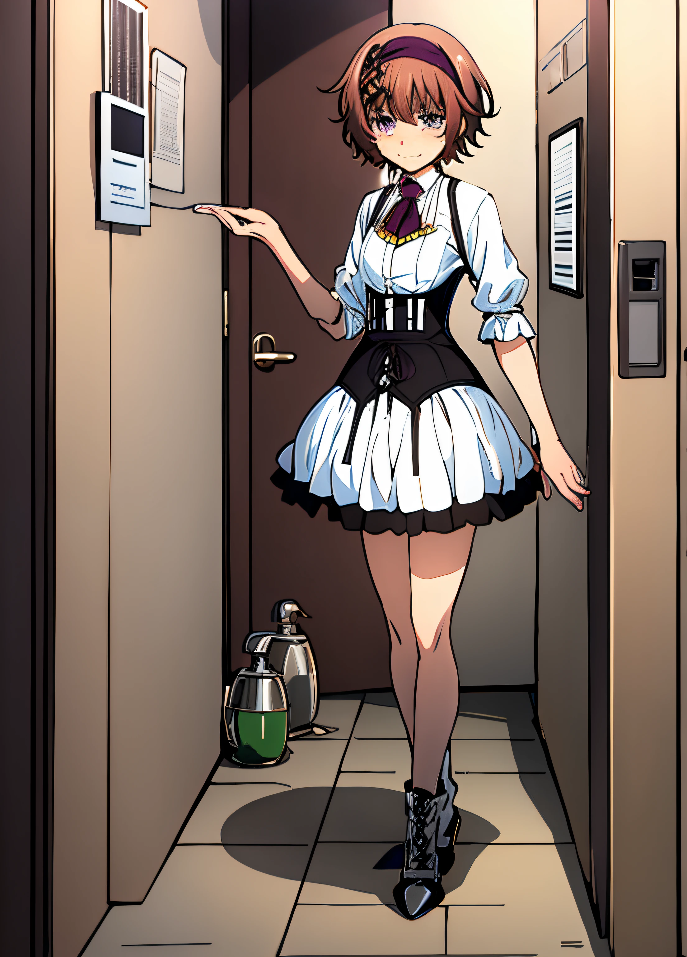 pee,Urine,Omorashi,Standing,pissing,pollution,incontinence,Urine,Toilet room, (Official art, extremely detailed CG Unity, Shiny skin, ), Kazuki, Elegant costumes:1, short brown hair, Purple eyes:1, hair band with pendant:1, White Dress, Short tie, Small breasts, black corset with suspenders, to stand, blush,,lift up one's skirt , (Full body:0.6), (City Background:1.2)