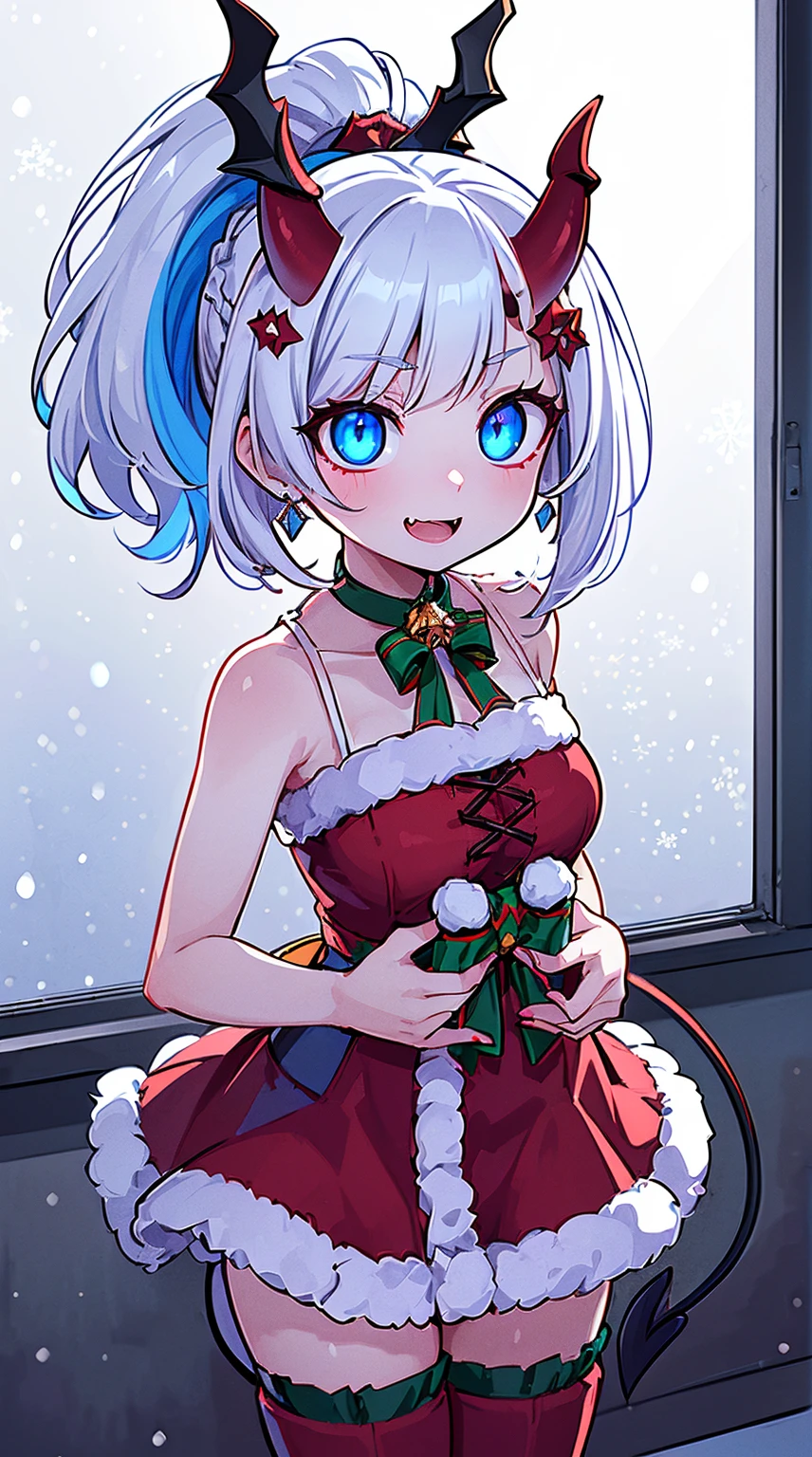 ((( (Winter background), (Snowing), (Christmas theme), (Slutty Santa outfit), ))) BLACKLIGHT, ((NSFW)), ((Medium Boobs)), realistic art, extremely delicate and beautiful, ultra-detailed, (1girl), ((Blue eyes)), floating, detailed light, illustration, dynamic angle, depth of field, ((((milf)))), girly, ((Blue and White hair, multicoloured hair, Blue highlights hair, (Ponytail), hair ornament, hair flower, flower, makeup, braid, smile)), demon eyes, fangs, pale white skin, (((best quality, tall girl, (skindentation), (blur background:0.6), (casual yet stylish, ((Demon Horns)), ), gorgeous, (short hair:1.5), soft lighting, wind, (front light:1.5), surprised, choker, smile, jewelry, earrings))), (ultra high res, best quality,), (8k, raw photo, best quality, masterpiece), technological sense, best quality, masterpiece, illustration,CG ,unity ,wallpaper, official art, Amazing, finely detail, an extremely delicate and beautiful,extremely detailed, highly detailed, sharp focus,rich background, (real person,photograph), ((high detailed skin)), ((( , (crazy eyes:1.3), (wide-eyed:1.2), (glowing eyes), (Demon) ))), (((a close up of a person with a weird face and nails, gothic maiden anime girl, gothic - cyberpunk, cyberpunk horror style, gothic art style, detailed digital anime art, gothic art, demon anime girl, gothic girl face, anime style 4 k, dark art style, anime cyberpunk art, gothic aesthetic, 18 - year - old anime goth girl, gothic horror vibes)))
