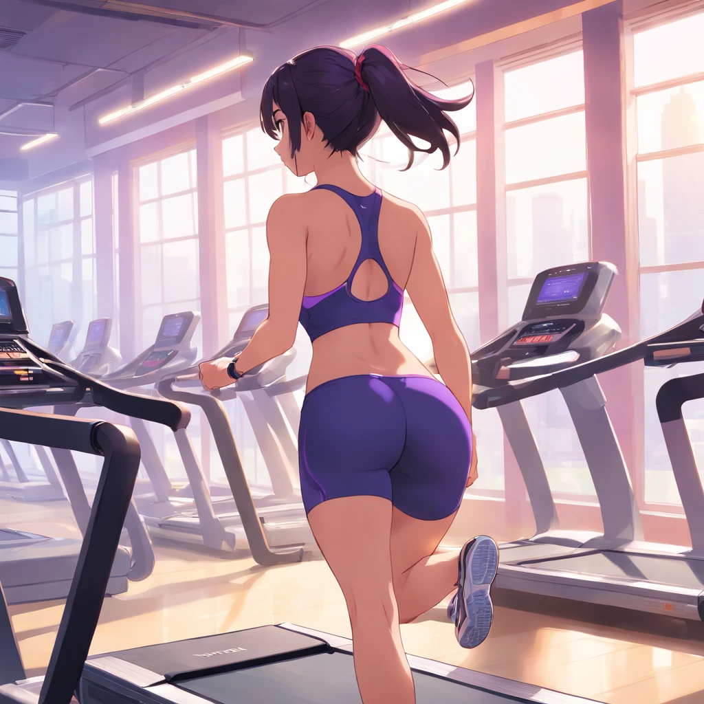 gym room, workout, Hot, Hot, Sweated, sweaty, suntanning, Bigboobs, bronze skin, Flustered, The face is red, black hair color hair, purple clothes clothes, Behold the, Yoga pants, Purple pants, Purple yoga pants, On a treadmill, (((Inside the gym))), Curvy woman, gigantic ass, sexy for, On a treadmill,posterior view, cow boy shooting, Sam, stolen items, Great Assa, Curvy woman, Huge loot, Solo woman, jogging, jogging, jogging, (((posterior view)))