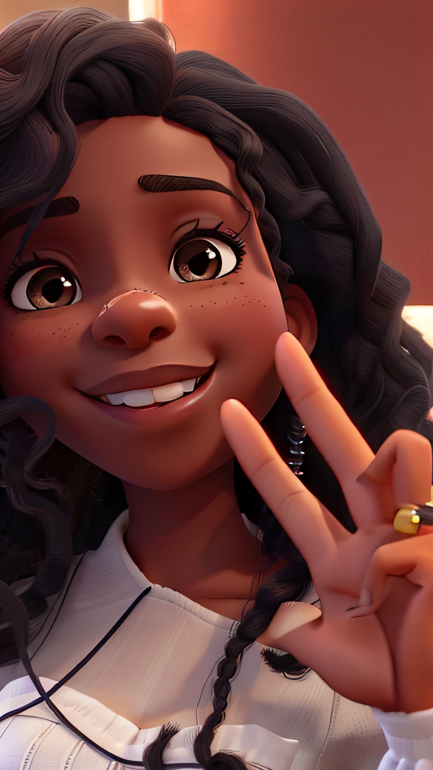 jovem mulher negra, como sorrir, cabelos longos e cacheados, making the number 2 with your fingers.