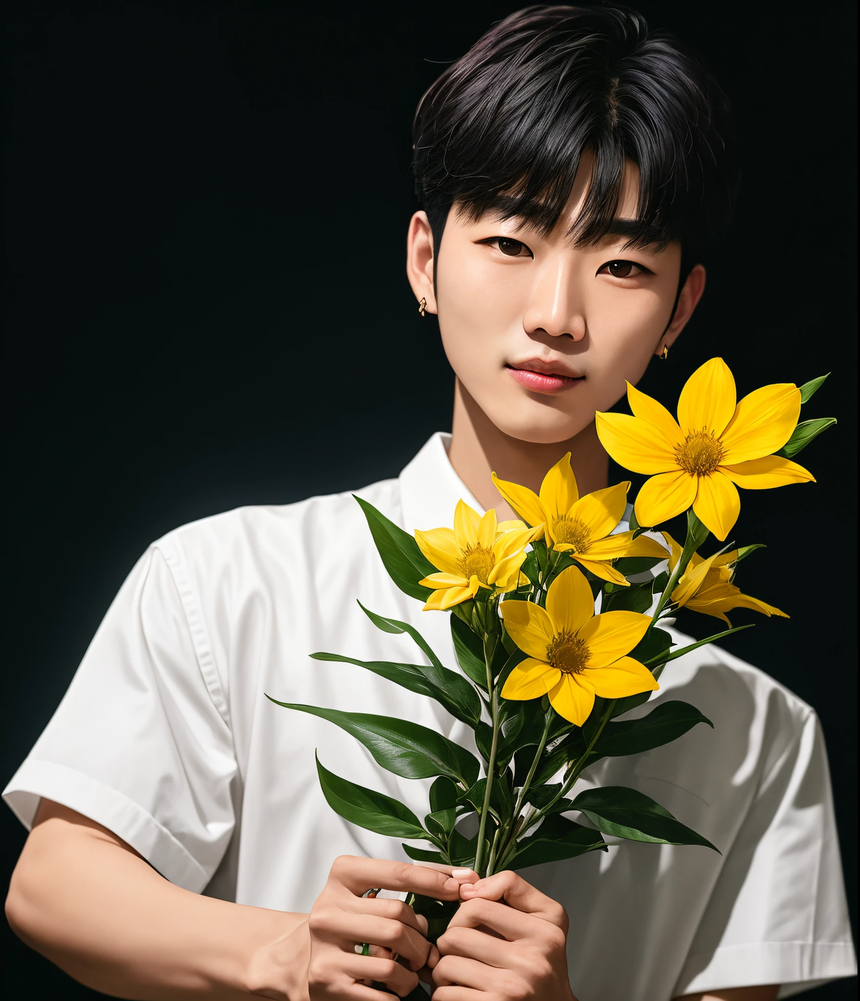 park jisung holding a yellow flower in his hands with black background and small white flashing lights.