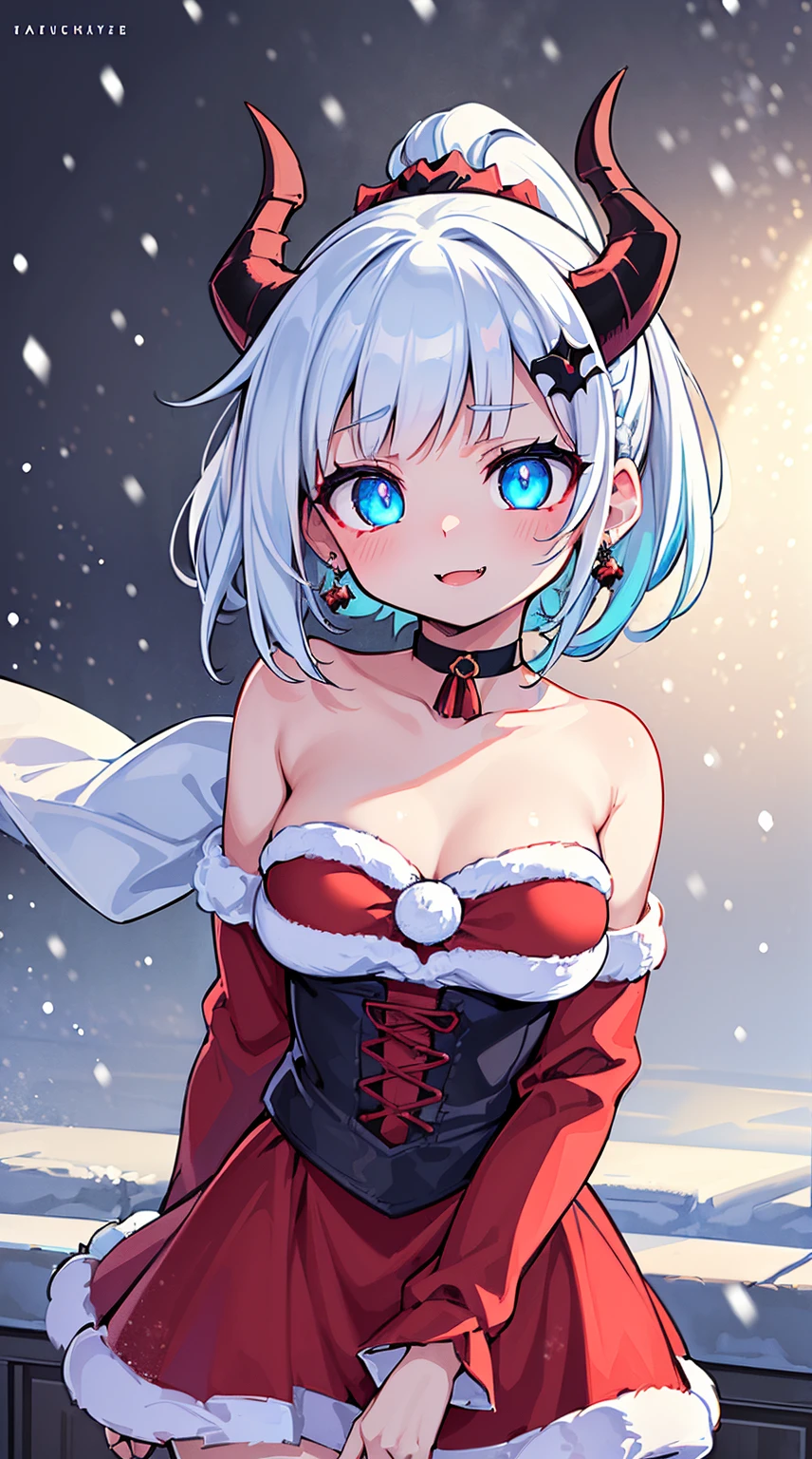 ((( (Winter background), (Snowing), (Christmas theme), (Slutty Santa outfit), ))) BLACKLIGHT, ((NSFW)), ((Medium Boobs)), realistic art, extremely delicate and beautiful, ultra-detailed, (1girl), ((Blue eyes)), floating, detailed light, illustration, dynamic angle, depth of field, ((((milf)))), girly, ((Blue and White hair, multicoloured hair, Blue highlights hair, (Ponytail), hair ornament, hair flower, flower, makeup, braid, smile)), demon eyes, fangs, pale white skin, (((best quality, tall girl, (skindentation), (blur background:0.6), (casual yet stylish, ((Demon Horns)), ), gorgeous, (short hair:1.5), soft lighting, wind, (front light:1.5), surprised, choker, smile, jewelry, earrings))), (ultra high res, best quality,), (8k, raw photo, best quality, masterpiece), technological sense, best quality, masterpiece, illustration,CG ,unity ,wallpaper, official art, Amazing, finely detail, an extremely delicate and beautiful,extremely detailed, highly detailed, sharp focus,rich background, (real person,photograph), ((high detailed skin)), ((( , (crazy eyes:1.3), (wide-eyed:1.2), (glowing eyes), (Demon) ))), (((a close up of a person with a weird face and nails, gothic maiden anime girl, gothic - cyberpunk, cyberpunk horror style, gothic art style, detailed digital anime art, gothic art, demon anime girl, gothic girl face, anime style 4 k, dark art style, anime cyberpunk art, gothic aesthetic, 18 - year - old anime goth girl, gothic horror vibes)))