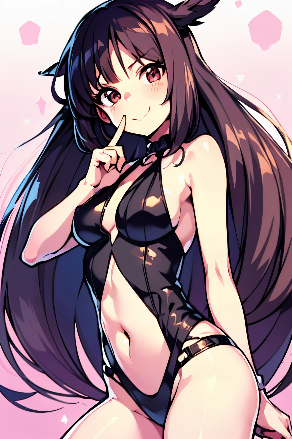 A woman with anime features without clothes with her legs open with her little finger in her mouth