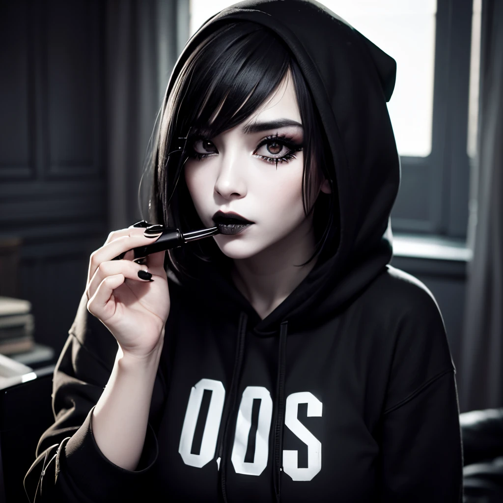 realism, realistic ,heavy mascara, black lipstick, emo, 1girl, hair over eye, black and white bauhaus room, large breasts, black hoodie