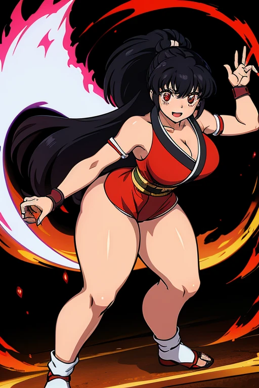 Kagome Higurashi, mai shiranui from the king of fighters, 1girl, solo, beautiful detailed eyes, ultradetailed eyes, extremely detailed face, perfect lighting, long black hair, glowing red eyes, 25yo, Japanese mature female, wearing a red short kimono, matured face, blushing, joyful expression, confident, big breast, big hips, full body view, big body, thick, (Curvy:1.35), dynamic pose, fighting stance, defensive pose, hot lighting, flames, embers, fire powers, fire hero, ((Master piece)), best quality,